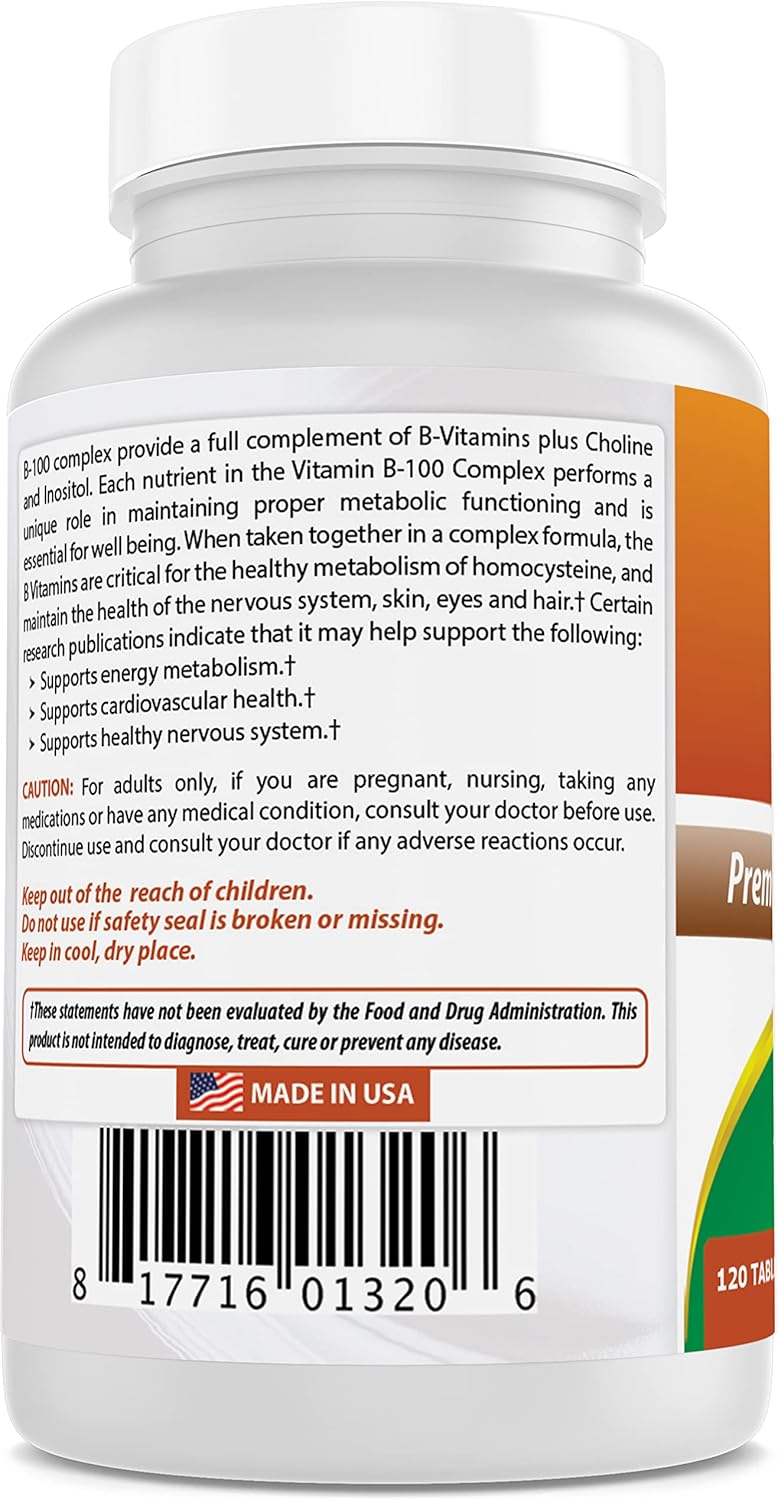 B 100 Complex Vitamins - Best Naturals - 120 Tablets - Pack of 3