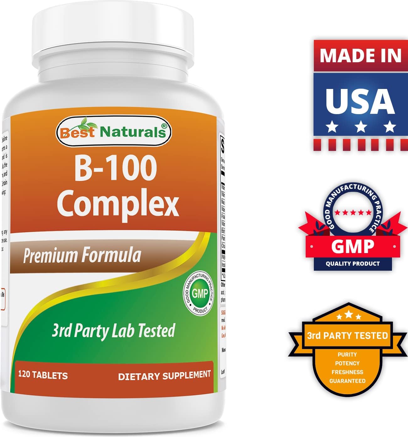 B 100 Complex Vitamins - Best Naturals - 120 Tablets - Pack of 3