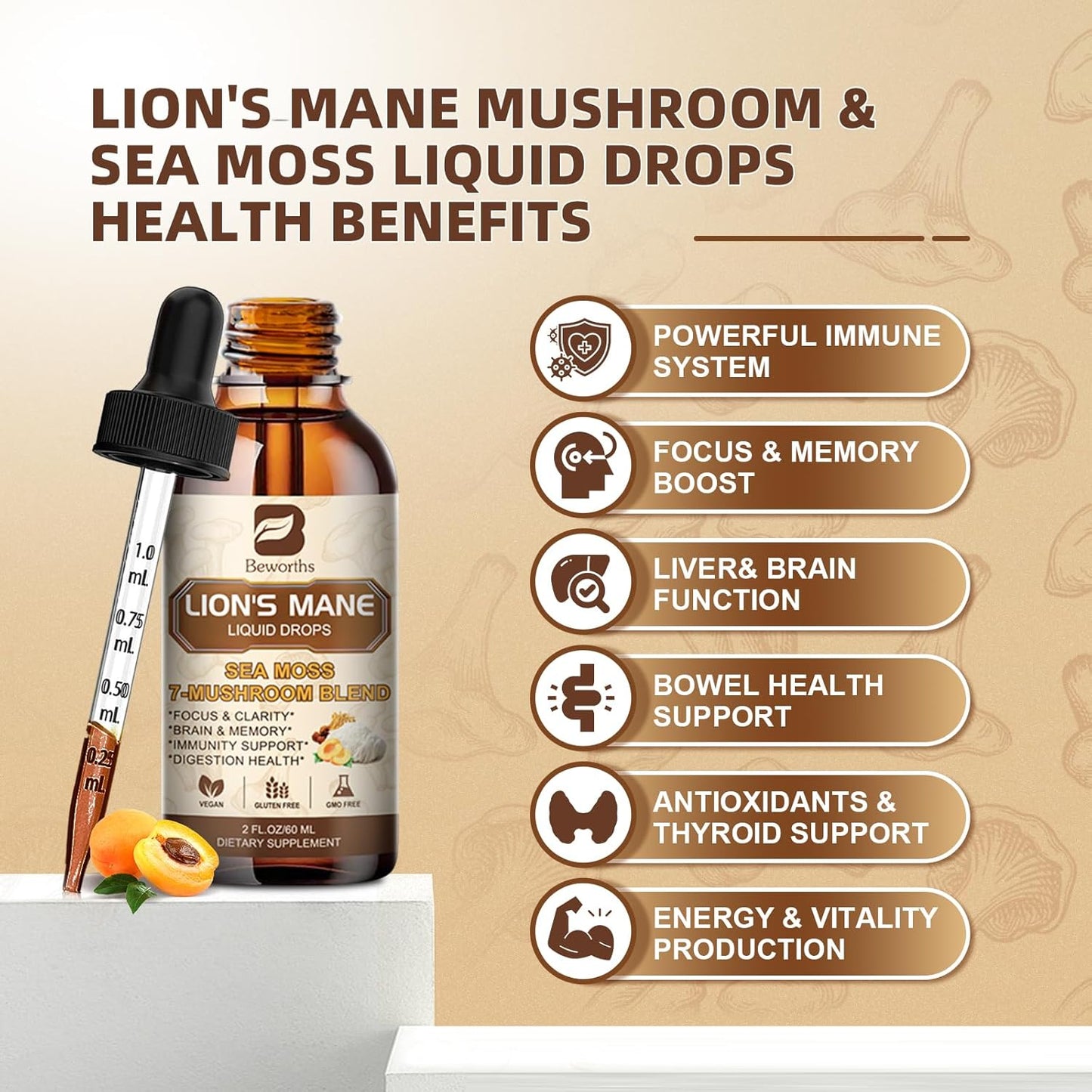 B BEWORTHS Lion's Mane Mushroom Liquid Drops - Immune Support & Memory Boost Vegan Supplement with Sea Moss, Reishi, Cordyceps, and More