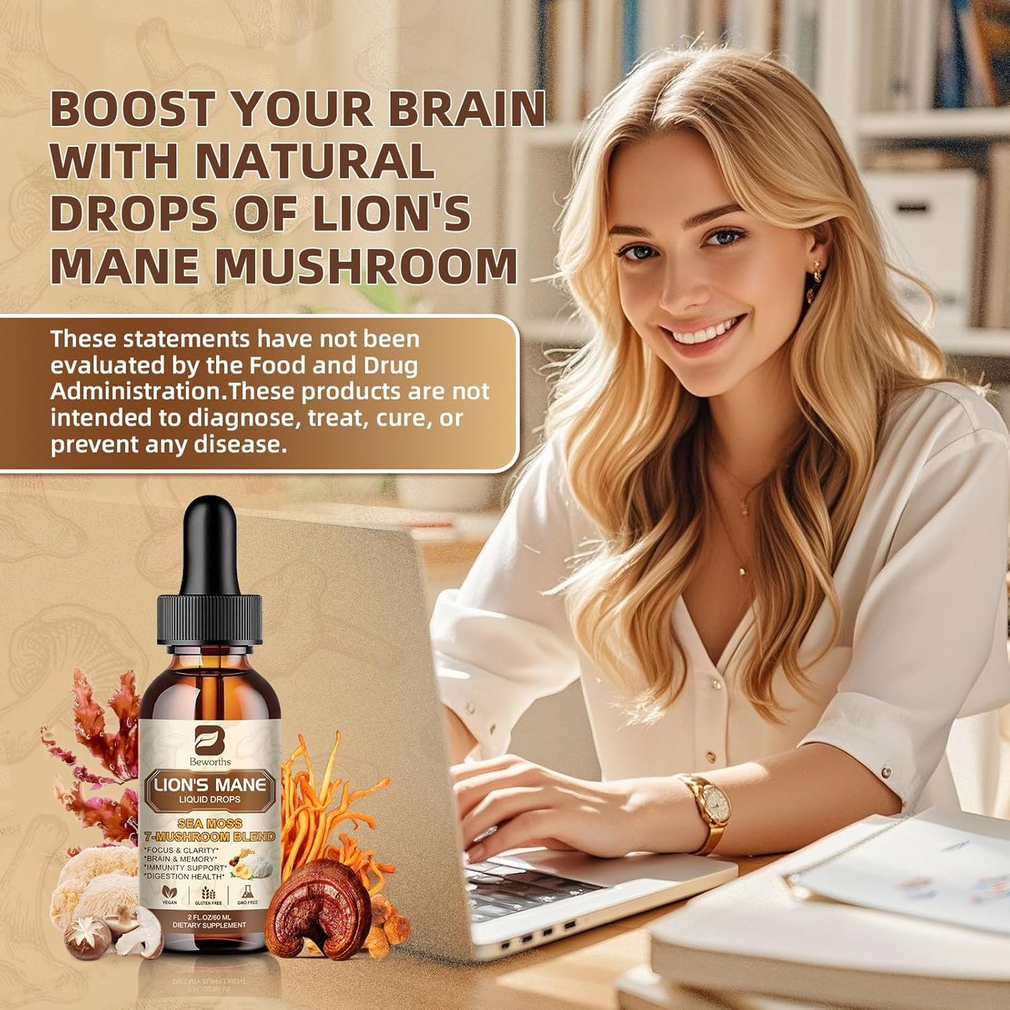 B BEWORTHS Lion's Mane Mushroom Liquid Drops - Immune Support & Memory Boost Vegan Supplement with Sea Moss, Reishi, Cordyceps, and More