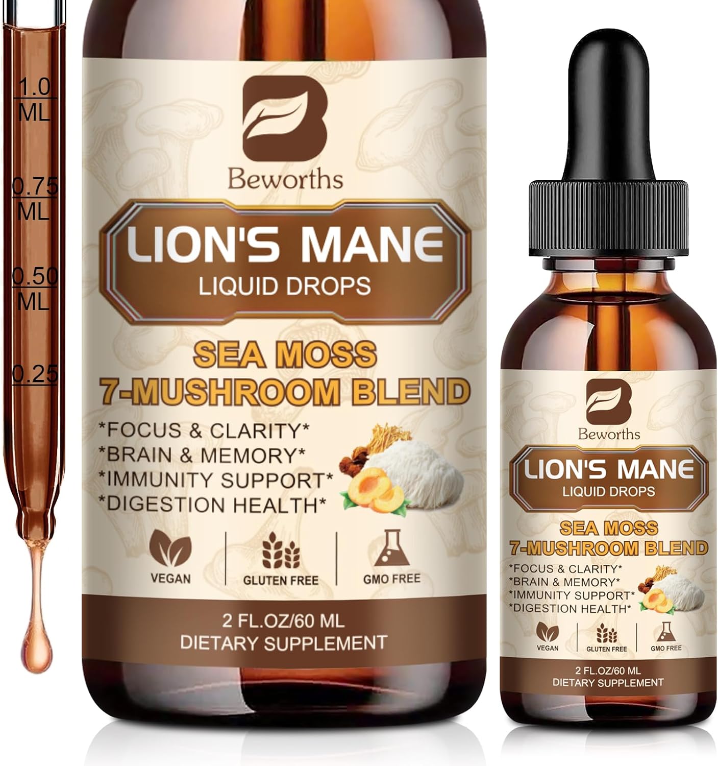 B BEWORTHS Lion's Mane Mushroom Liquid Drops - Immune Support & Memory Boost Vegan Supplement with Sea Moss, Reishi, Cordyceps, and More