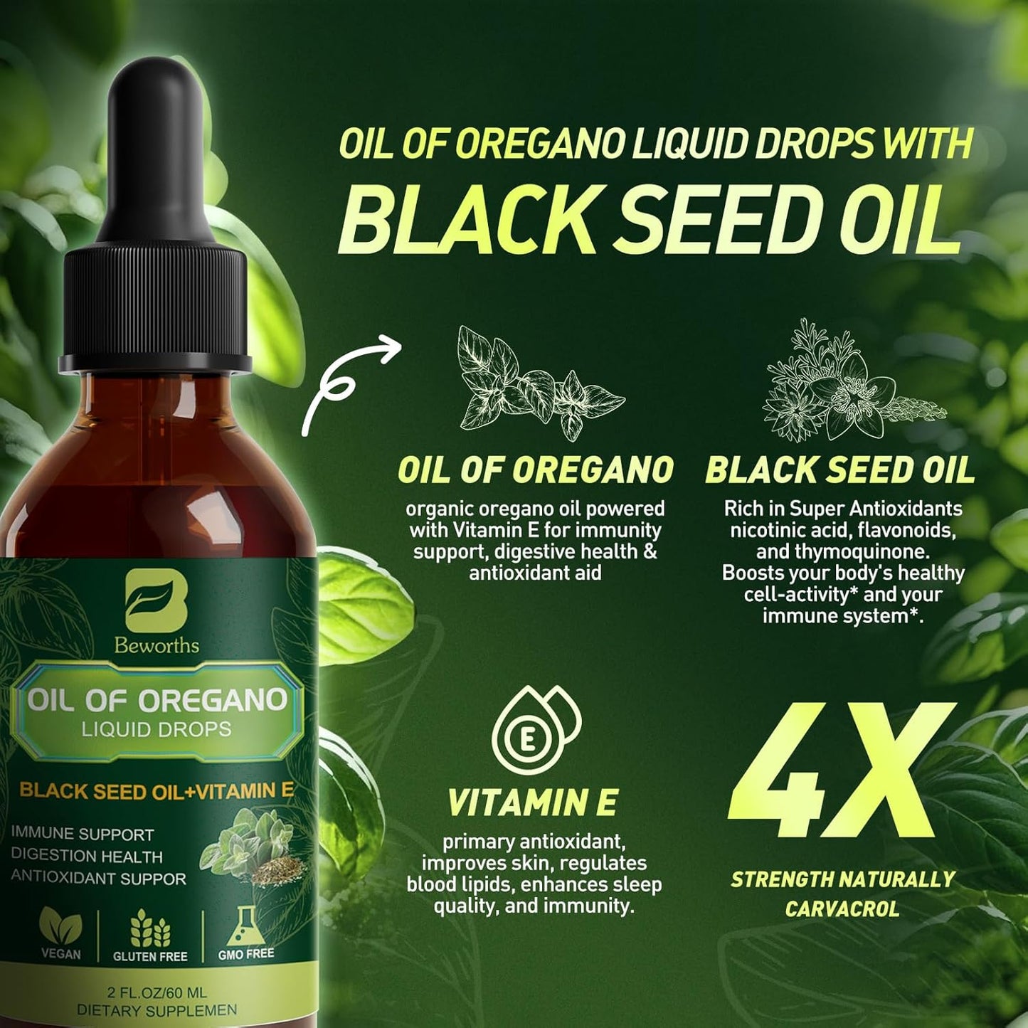B BEWORTHS Oregano Oil Drops with Black Seed Oil and Vitamin E - Immune Support, Antioxidant Boost, Digestive Health - Vegan, Non-GMO Liquid Herbal Blend