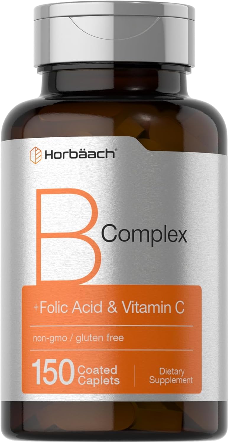 B-Complex Supplement with Folic Acid & Vitamin C | 150 Caplets | Non-GMO & Gluten Free for Men and Women
