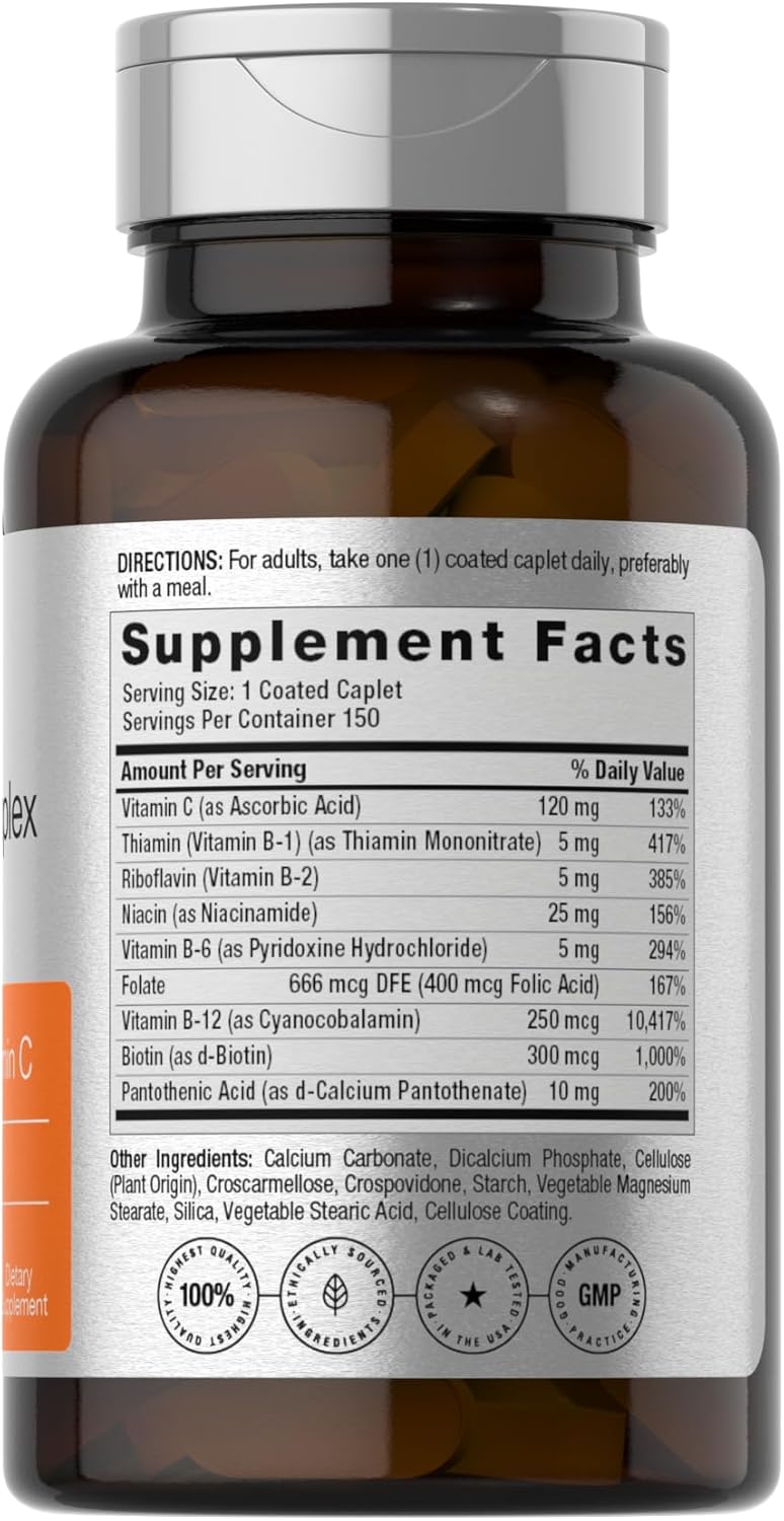 B-Complex Supplement with Folic Acid & Vitamin C | 150 Caplets | Non-GMO & Gluten Free for Men and Women