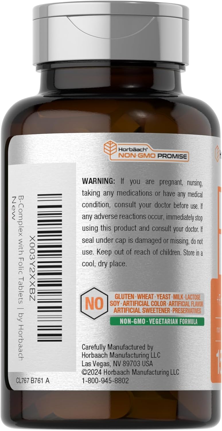 B-Complex Supplement with Folic Acid & Vitamin C | 150 Caplets | Non-GMO & Gluten Free for Men and Women