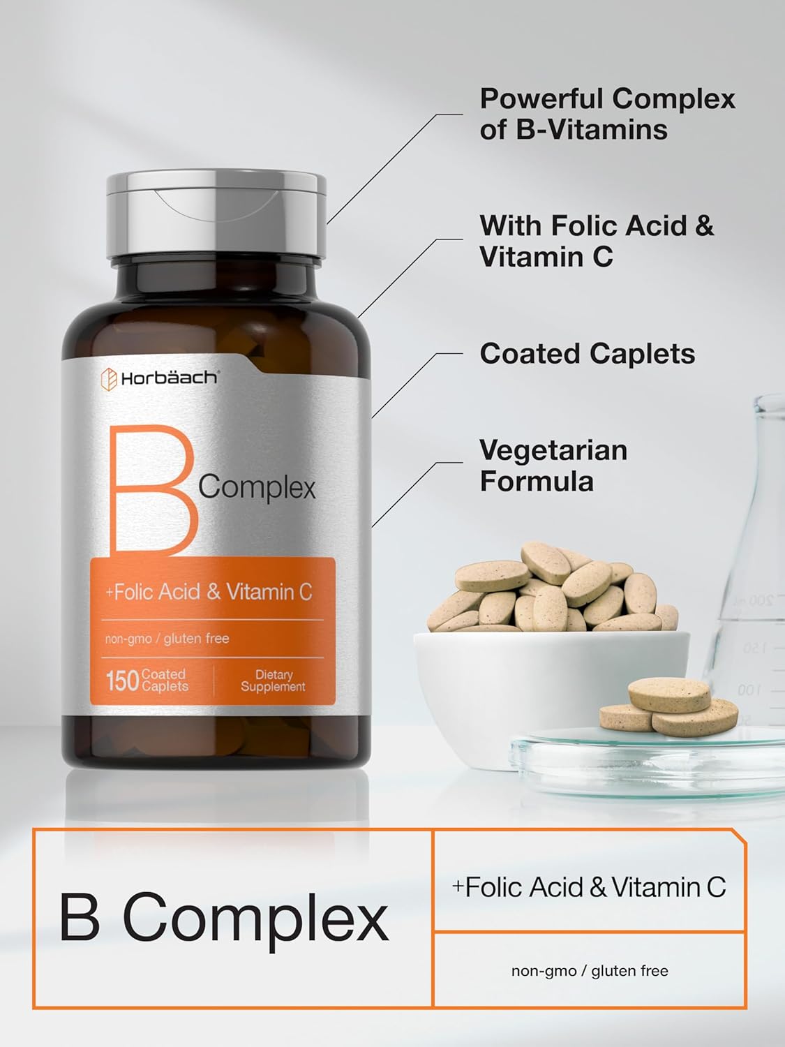 B-Complex Supplement with Folic Acid & Vitamin C | 150 Caplets | Non-GMO & Gluten Free for Men and Women