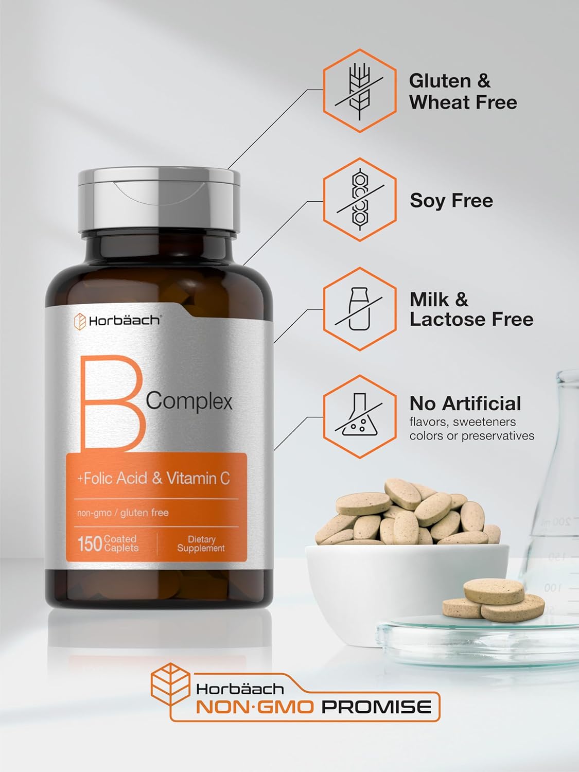 B-Complex Supplement with Folic Acid & Vitamin C | 150 Caplets | Non-GMO & Gluten Free for Men and Women