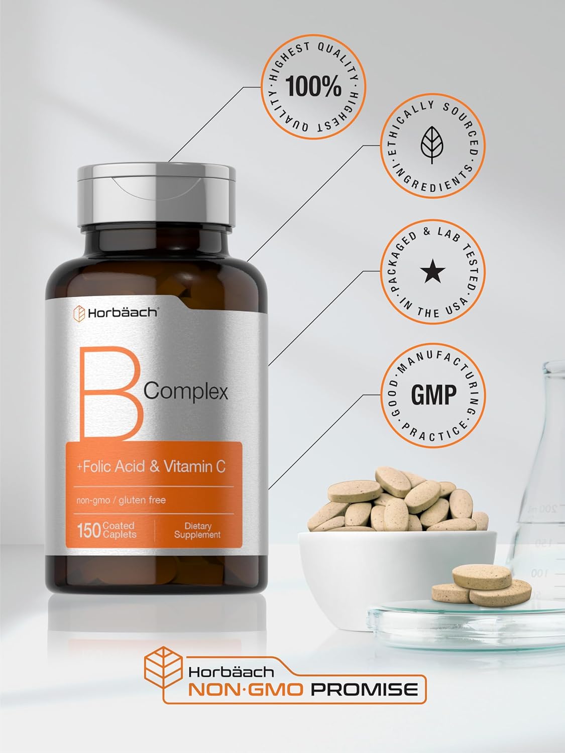 B-Complex Supplement with Folic Acid & Vitamin C | 150 Caplets | Non-GMO & Gluten Free for Men and Women