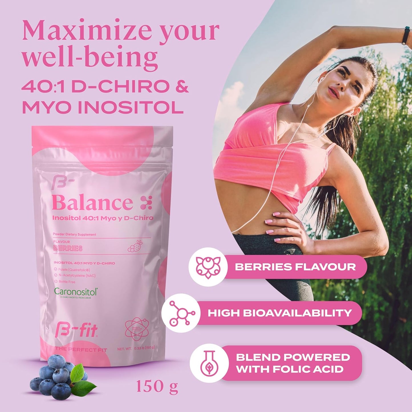 B-FIT B Inositol Balance Powdered Supplement 150g - Berry Flavor - 100% Pure Inositol 40:1 Myo & D-Chiro - Folic Acid - No Additives - Bottle-Free