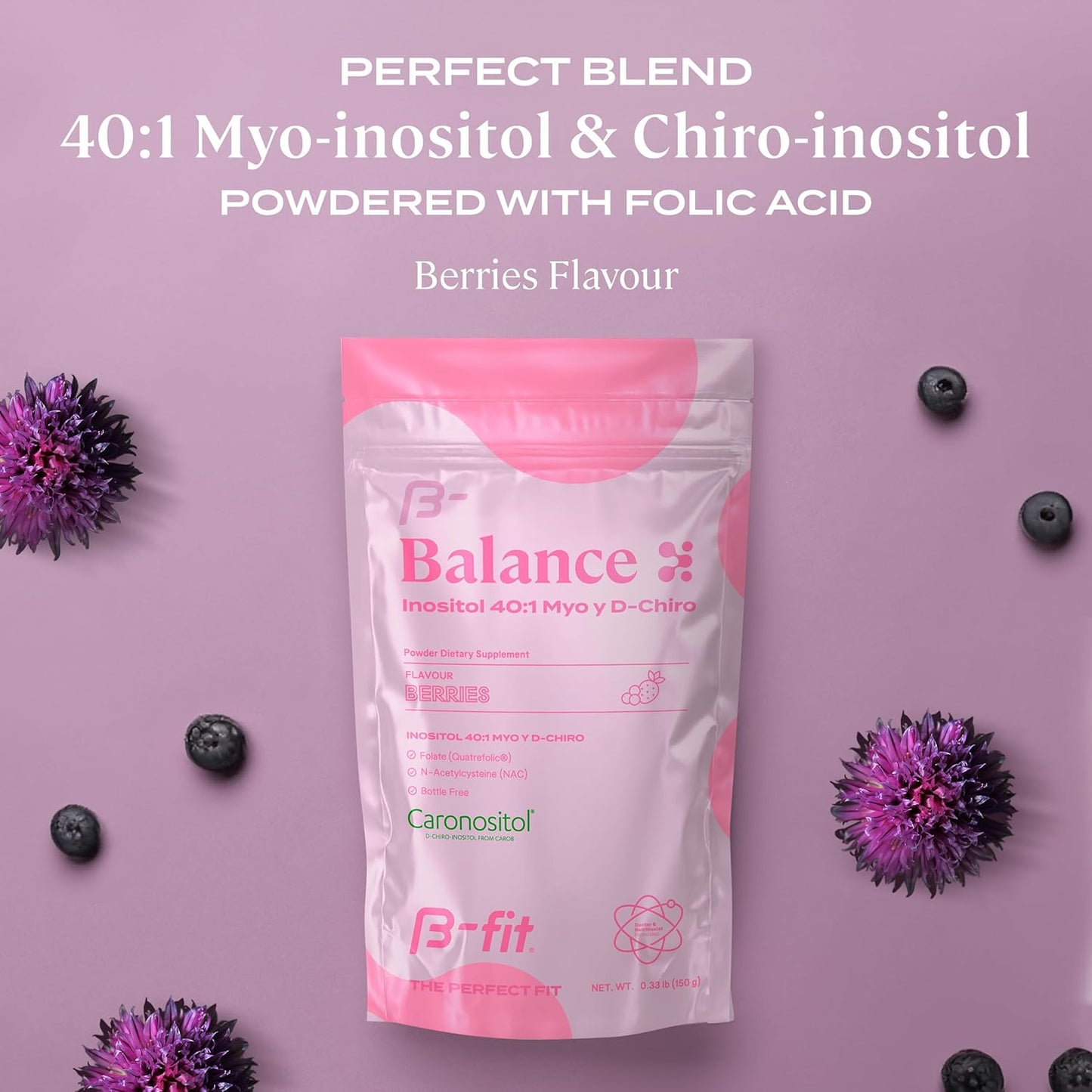 B-FIT B Inositol Balance Powdered Supplement 150g - Berry Flavor - 100% Pure Inositol 40:1 Myo & D-Chiro - Folic Acid - No Additives - Bottle-Free