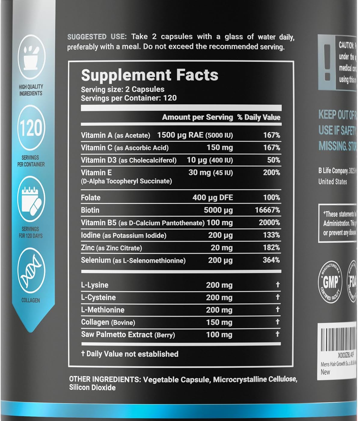 B Life Company Men's Hair Growth Supplement with Biotin, Selenium, Zinc, Collagen, Vitamins A, C, E, B5 and D3 - 240 Capsules - Made in USA.