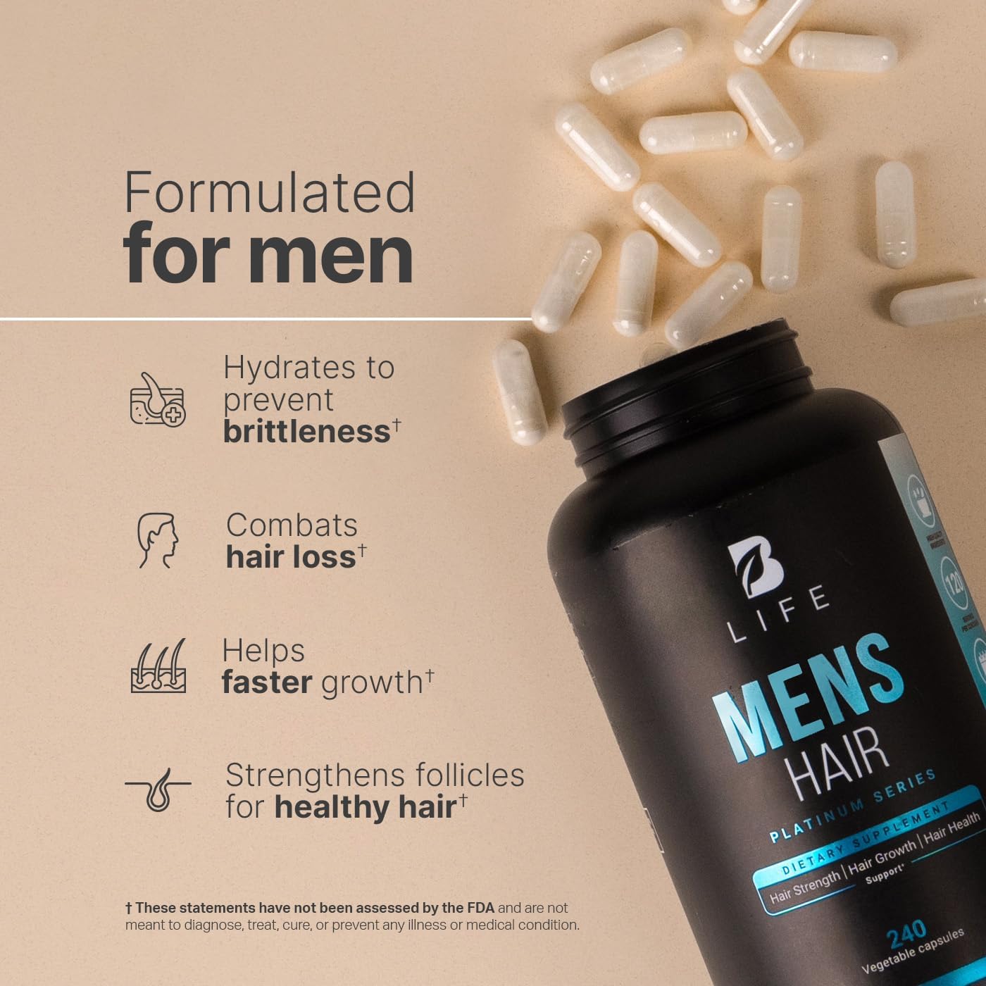 B Life Company Men's Hair Growth Supplement with Biotin, Selenium, Zinc, Collagen, Vitamins A, C, E, B5 and D3 - 240 Capsules - Made in USA.