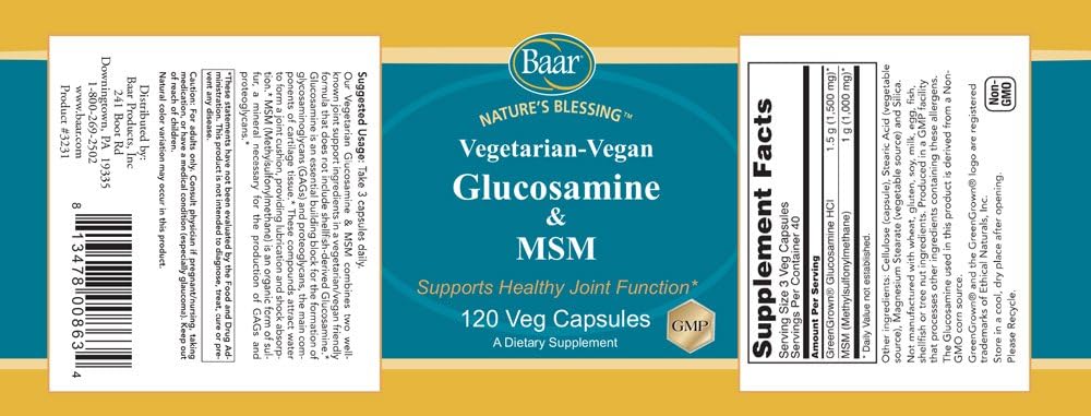 Baar Nature's Blessing Glucosamine and MSM Supplement, 120 Vegetarian Capsules