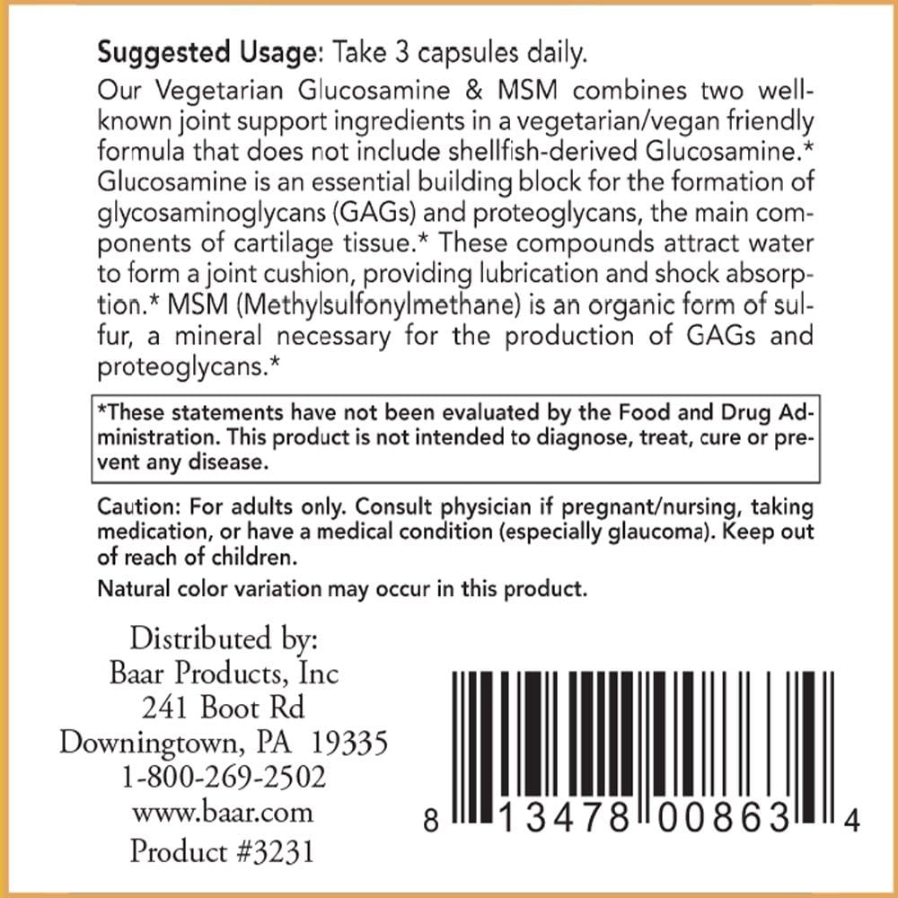 Baar Nature's Blessing Glucosamine and MSM Supplement, 120 Vegetarian Capsules