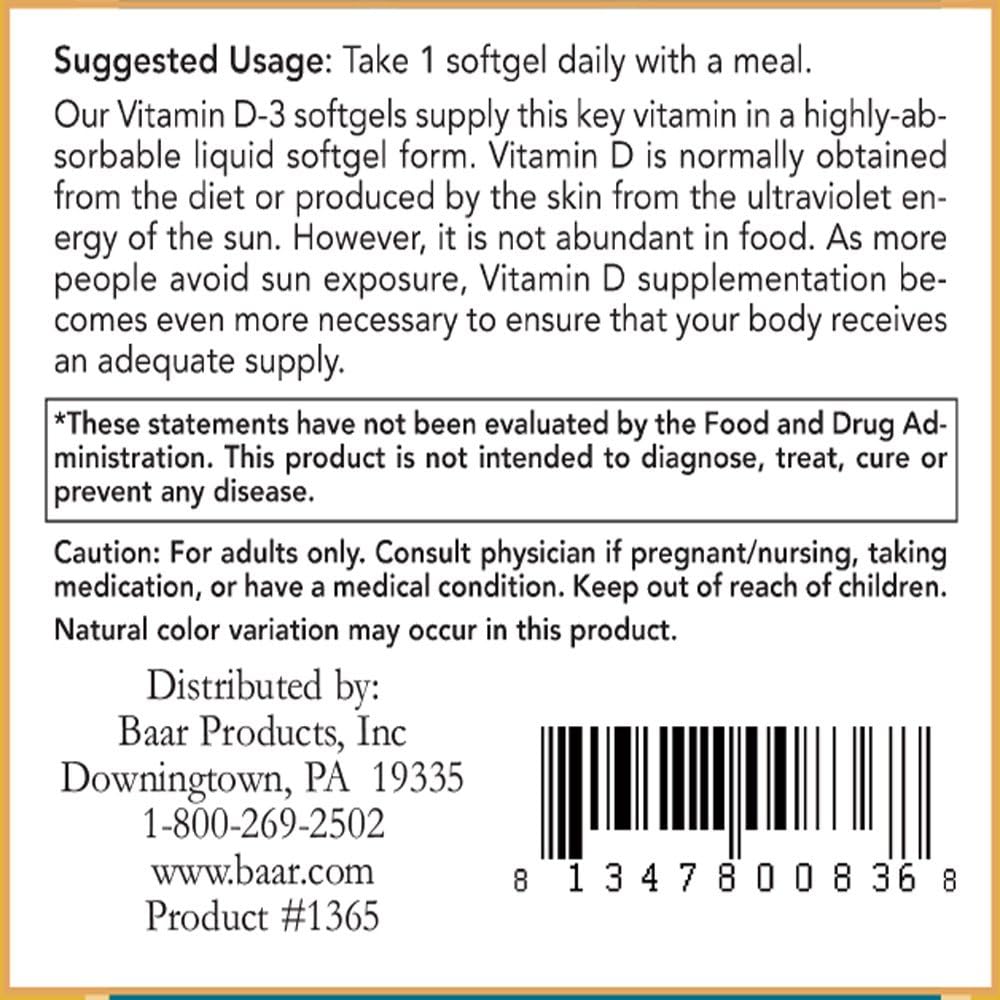 Baar Vitamin D-3 Softgels for Immune Support and Bone Health