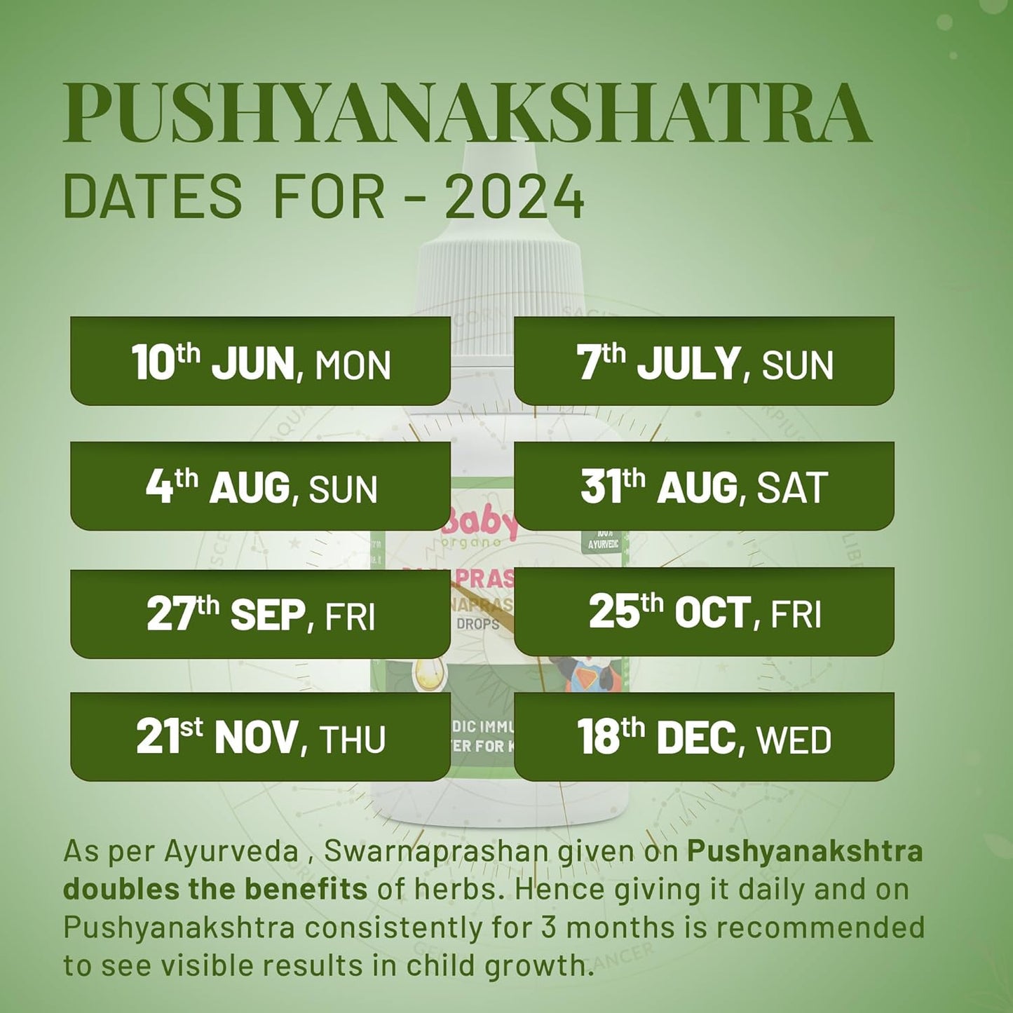 Baby Organo Swarnaprashan Immunity Booster Drops 24CT Gold Enriched for Kids 0-15 Years 15ml - Promotes Healthy Growth & Strength