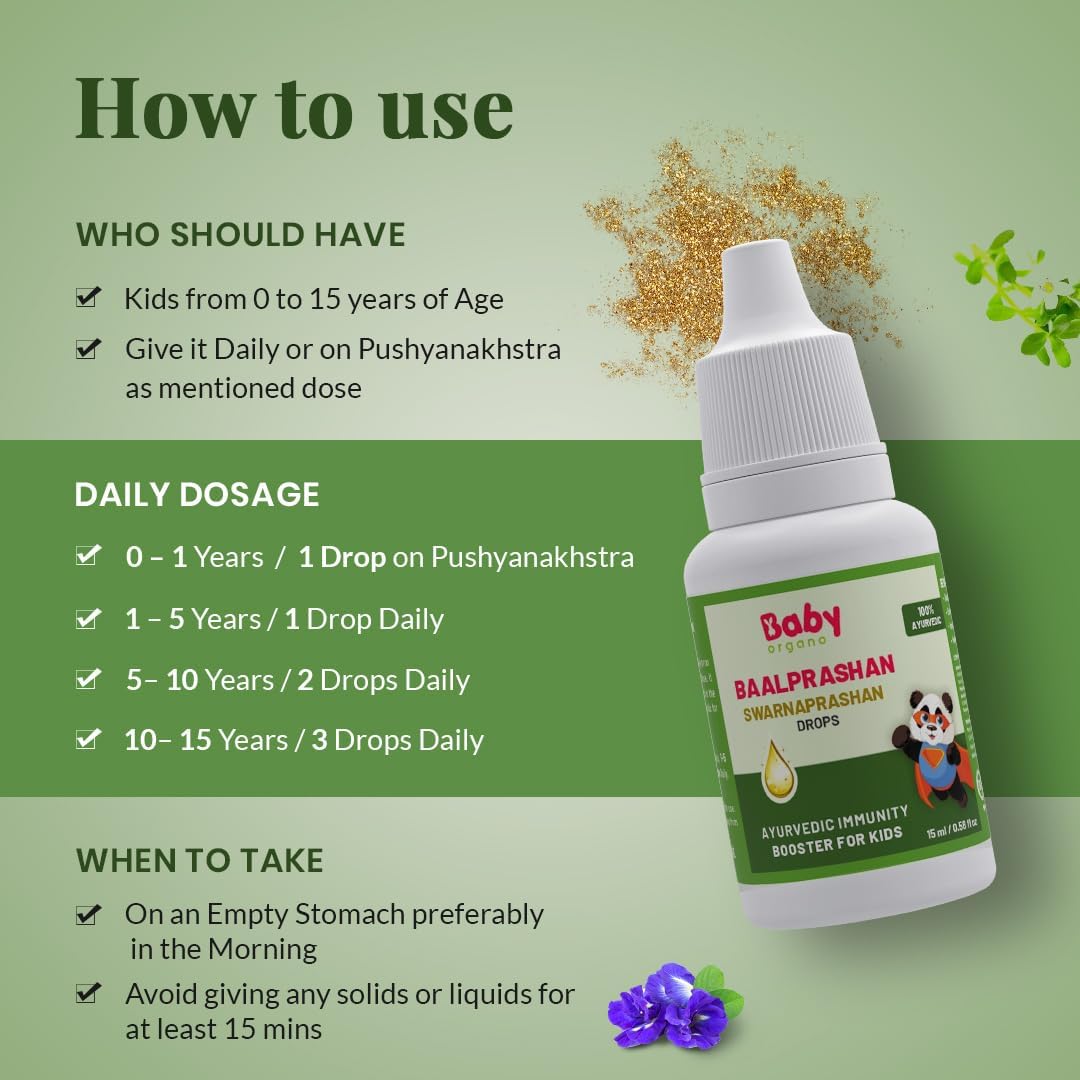 Baby Organo Swarnaprashan Immunity Booster Drops 24CT Gold Enriched for Kids 0-15 Years 15ml - Promotes Healthy Growth & Strength