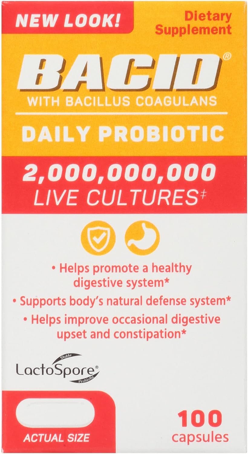BACID Daily Probiotic Capsules with Bacillus Coagulans for Digestive Health - 100 Count