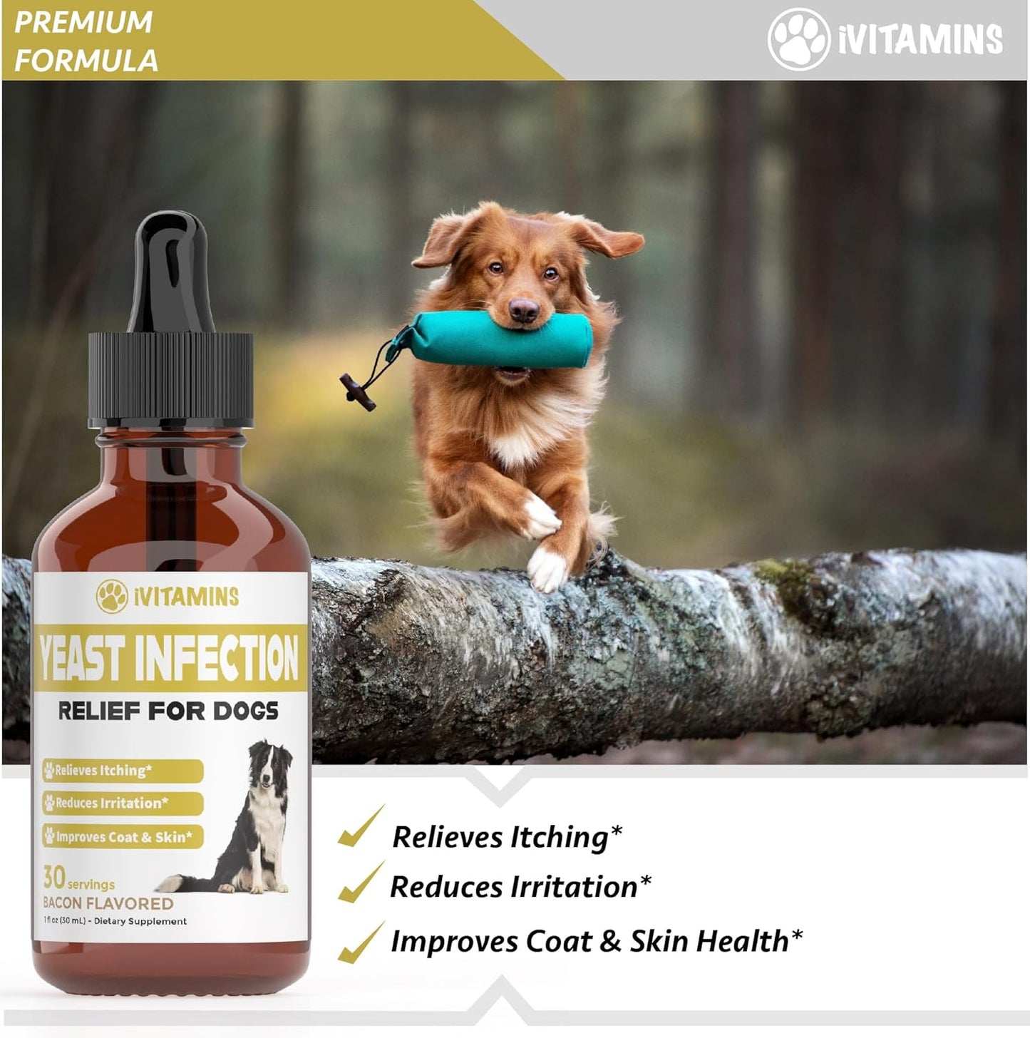 Bacon-Flavored Dog Yeast Infection Treatment for Itch Relief & Ear Health | Natural Dog Ear Infection Relief & Itch Support