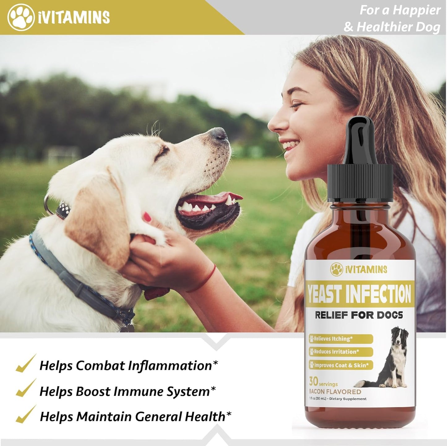 Bacon-Flavored Dog Yeast Infection Treatment for Itch Relief & Ear Health | Natural Dog Ear Infection Relief & Itch Support
