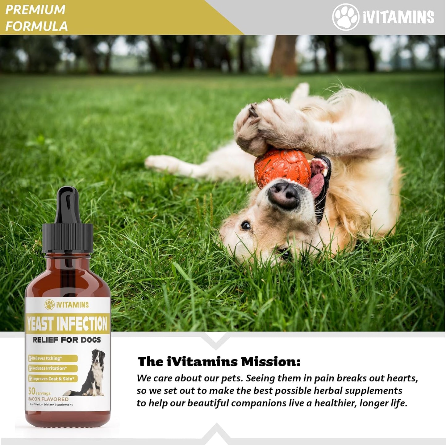 Bacon-Flavored Dog Yeast Infection Treatment for Itch Relief & Ear Health | Natural Dog Ear Infection Relief & Itch Support