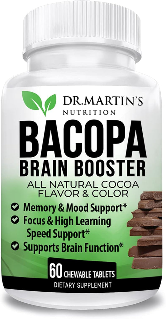 Bacopa Monnieri Chewable Tablets for Memory, Mood Support, and Brain Function - Brain Booster Supplement with Cocoa Flavor for Kids and Adults