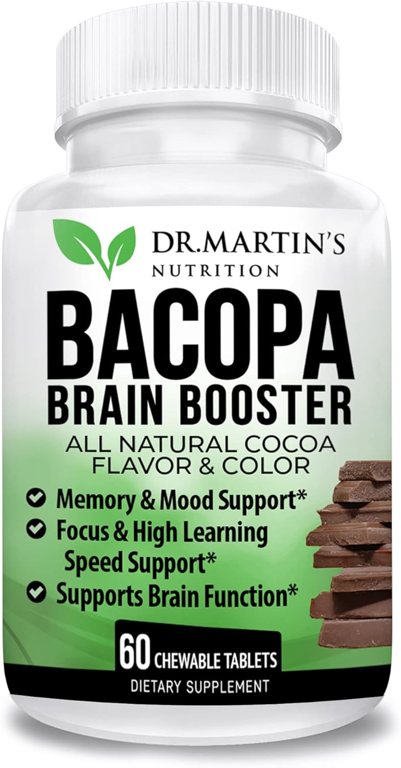 Bacopa Monnieri Chewable Tablets for Memory, Mood Support, and Brain Function - Brain Booster Supplement with Cocoa Flavor for Kids and Adults