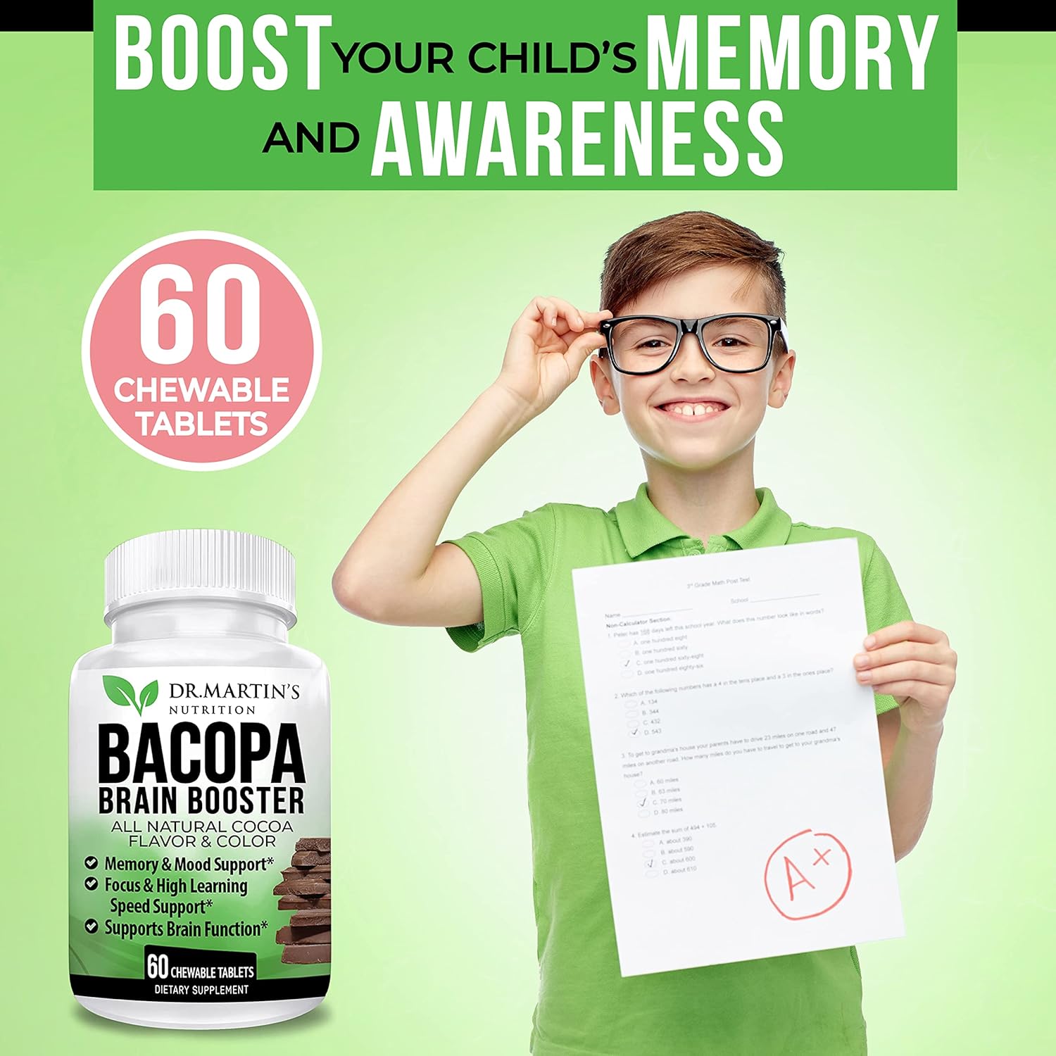 Bacopa Monnieri Chewable Tablets for Memory, Mood Support, and Brain Function - Brain Booster Supplement with Cocoa Flavor for Kids and Adults
