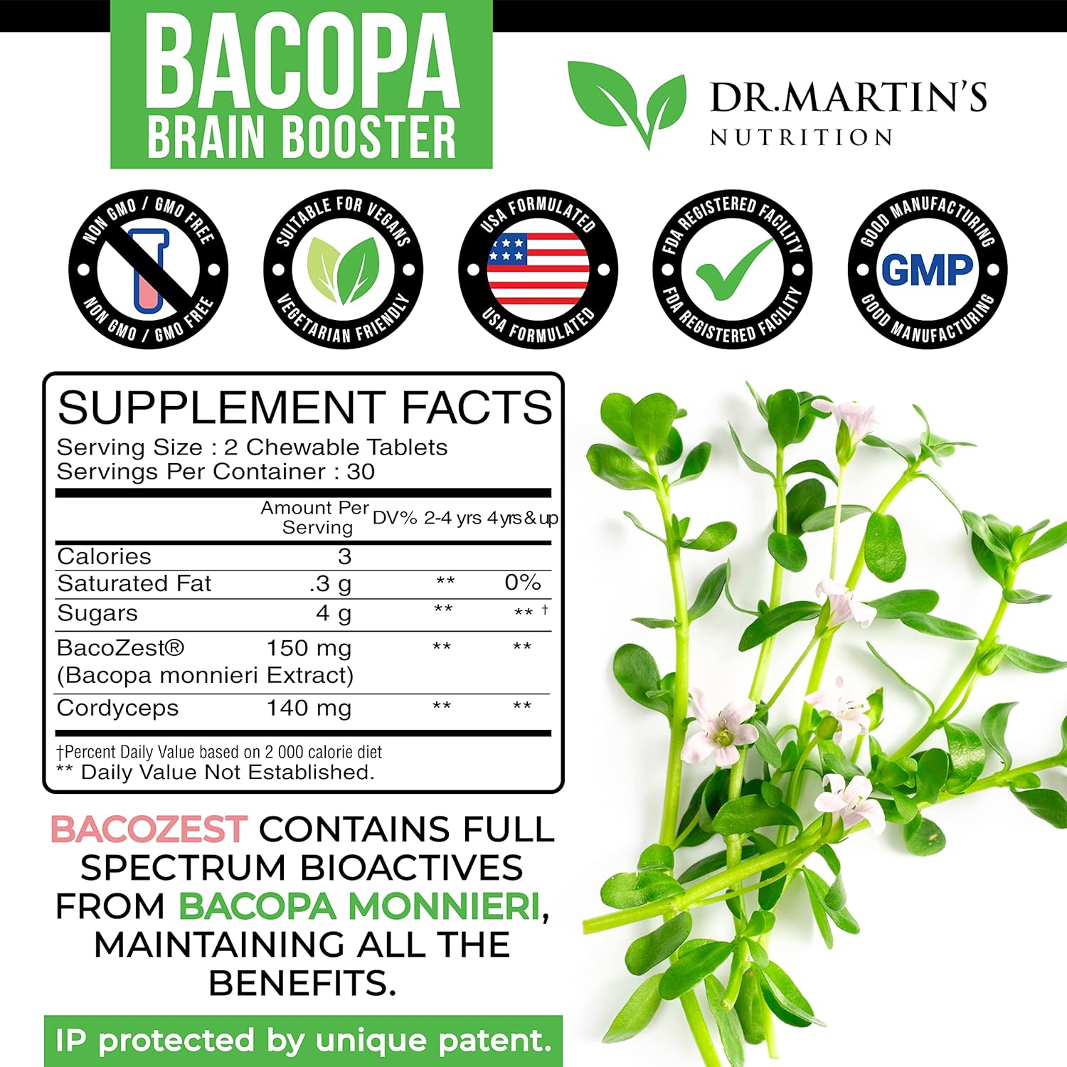 Bacopa Monnieri Chewable Tablets for Memory, Mood Support, and Brain Function - Brain Booster Supplement with Cocoa Flavor for Kids and Adults