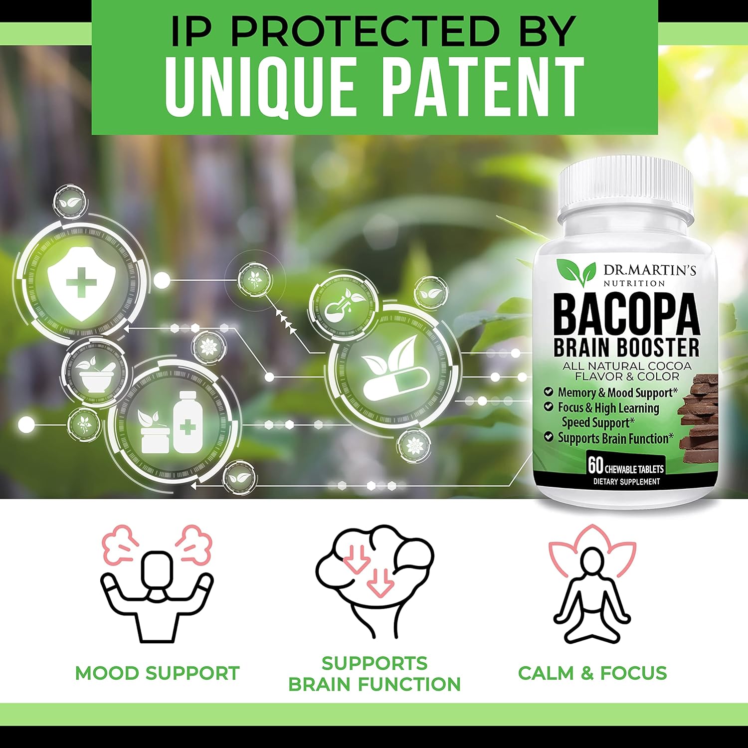 Bacopa Monnieri Chewable Tablets for Memory, Mood Support, and Brain Function - Brain Booster Supplement with Cocoa Flavor for Kids and Adults