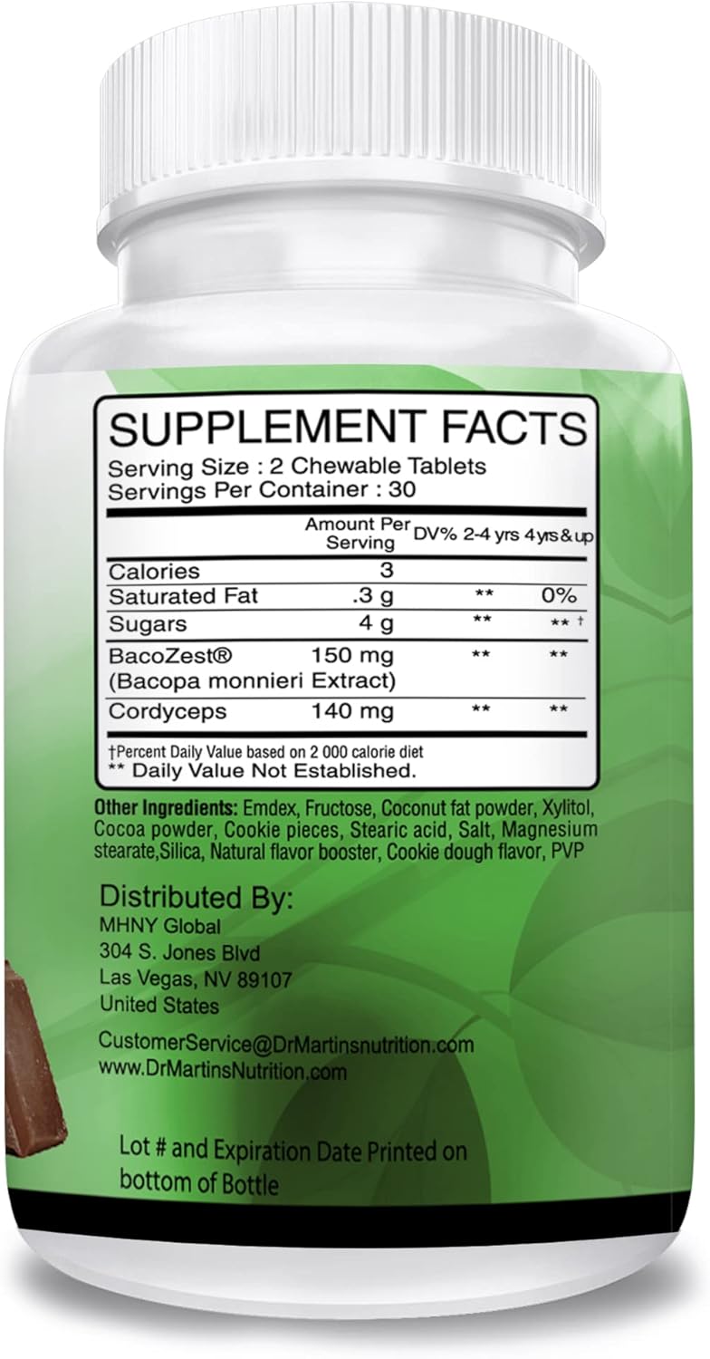 Bacopa Monnieri Chewable Tablets for Memory, Mood Support, and Brain Function - Brain Booster Supplement with Cocoa Flavor for Kids and Adults