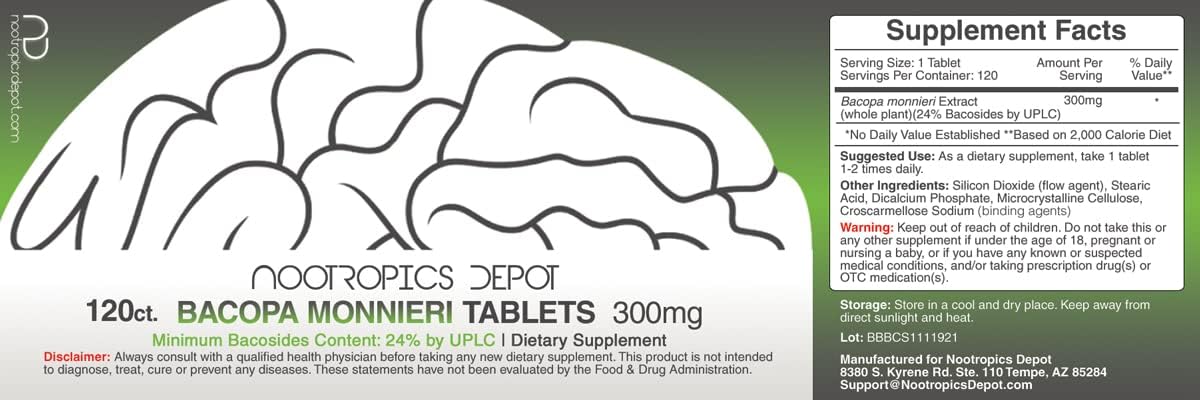 Bacopa monnieri Extract Tablets | 240 Count | 24% Bacosides | Cognitive Function & Stress Support