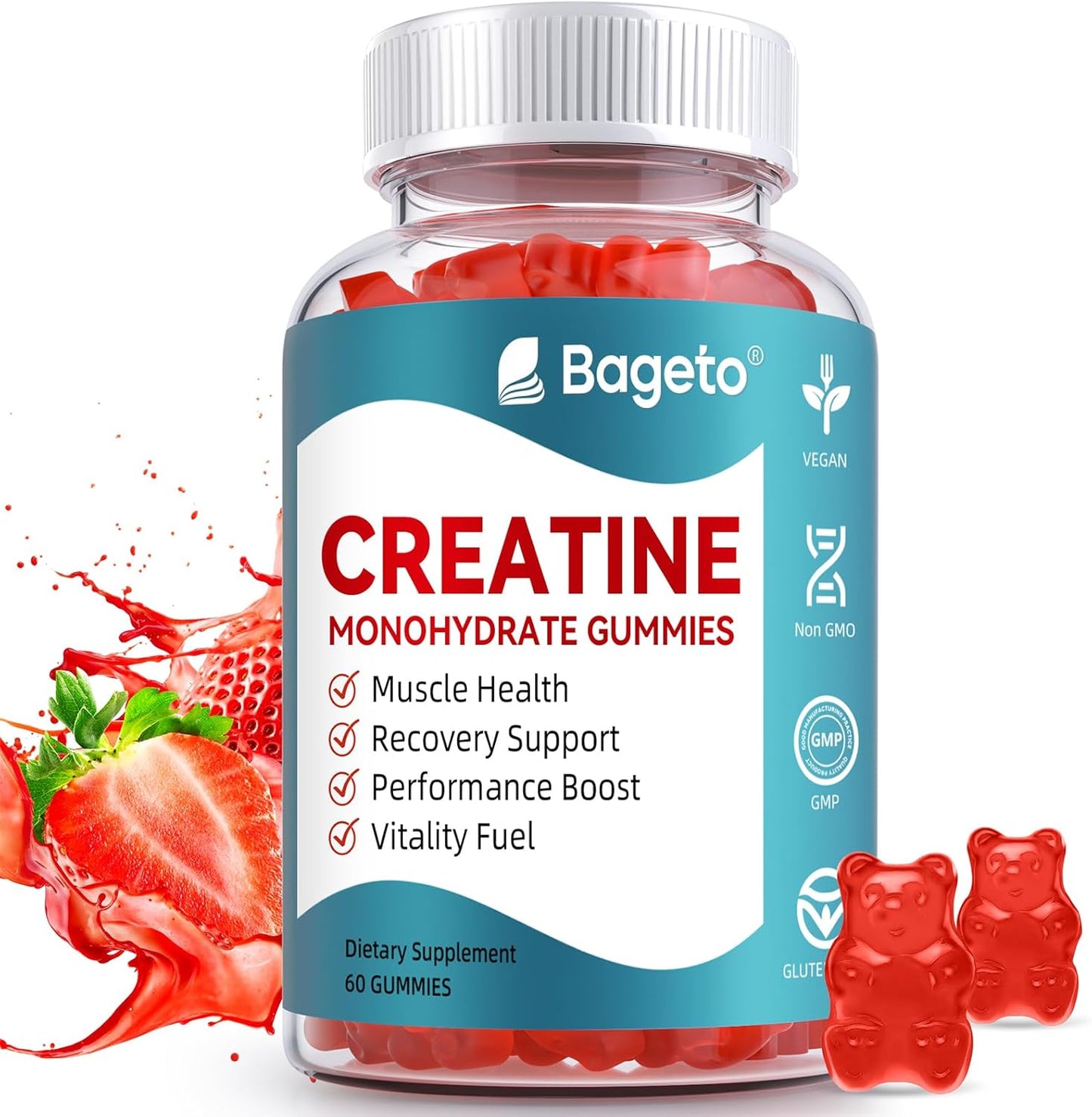 Bageto Creatine Monohydrate Gummies - 5g Muscle Growth & Recovery - Preworkout Vegan Gummies - Strawberry Flavor - 60 Count