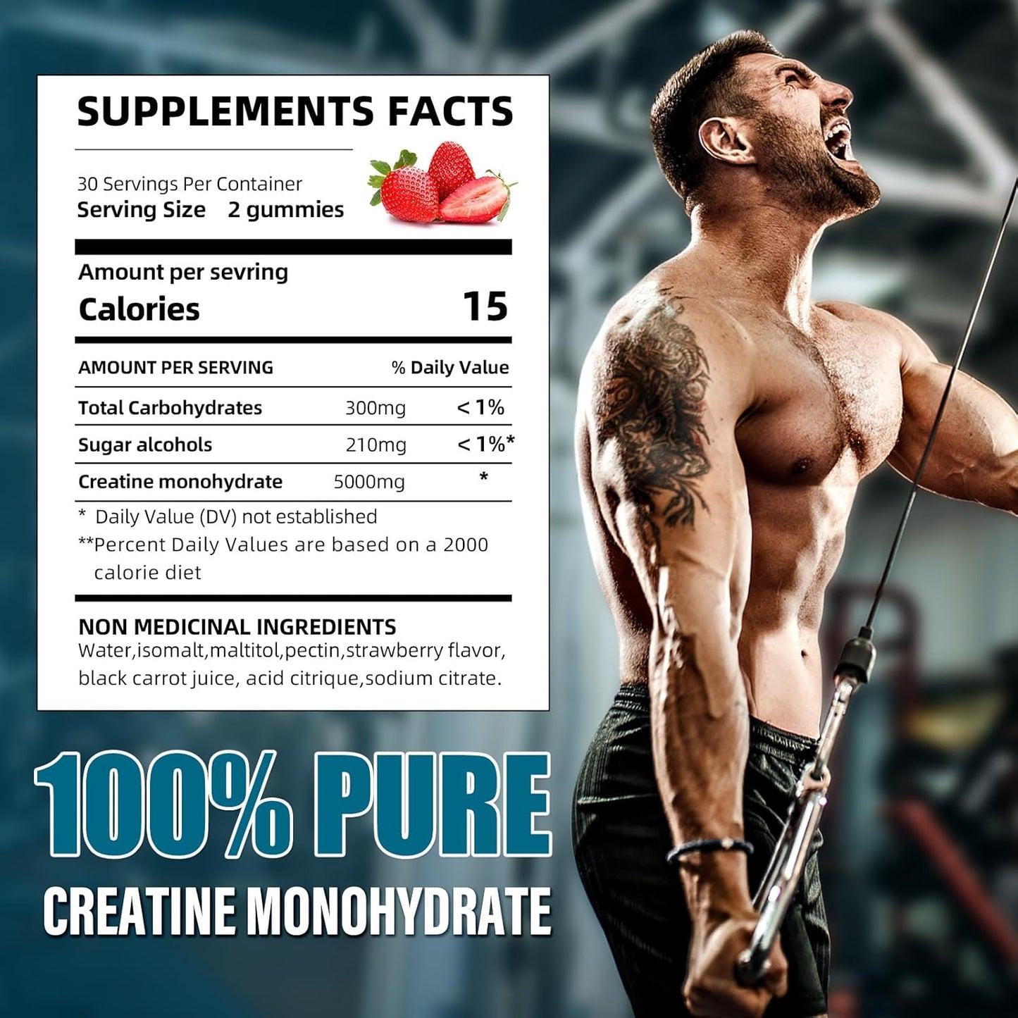 Bageto Creatine Monohydrate Gummies - 5g Muscle Growth & Recovery - Preworkout Vegan Gummies - Strawberry Flavor - 60 Count