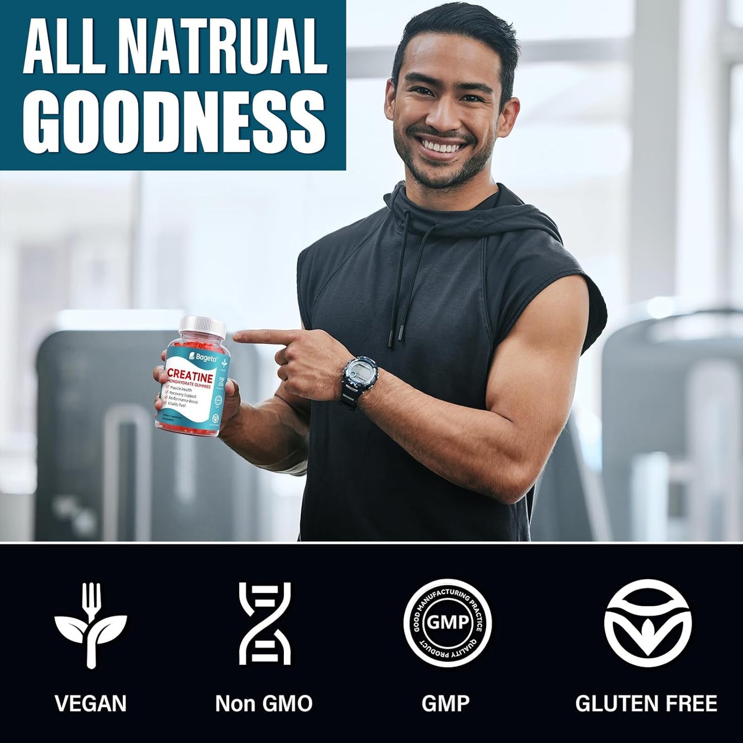 Bageto Creatine Monohydrate Gummies - 5g Muscle Growth & Recovery - Preworkout Vegan Gummies - Strawberry Flavor - 60 Count