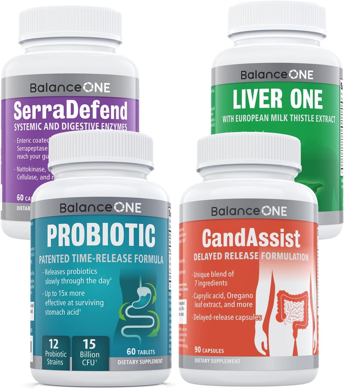 Balance ONE 4-in-1 Bundle: Probiotic, CandAssist, Liver One, SerraDefend | 15 Billion CFU | Natural Cleanse & Liver Support