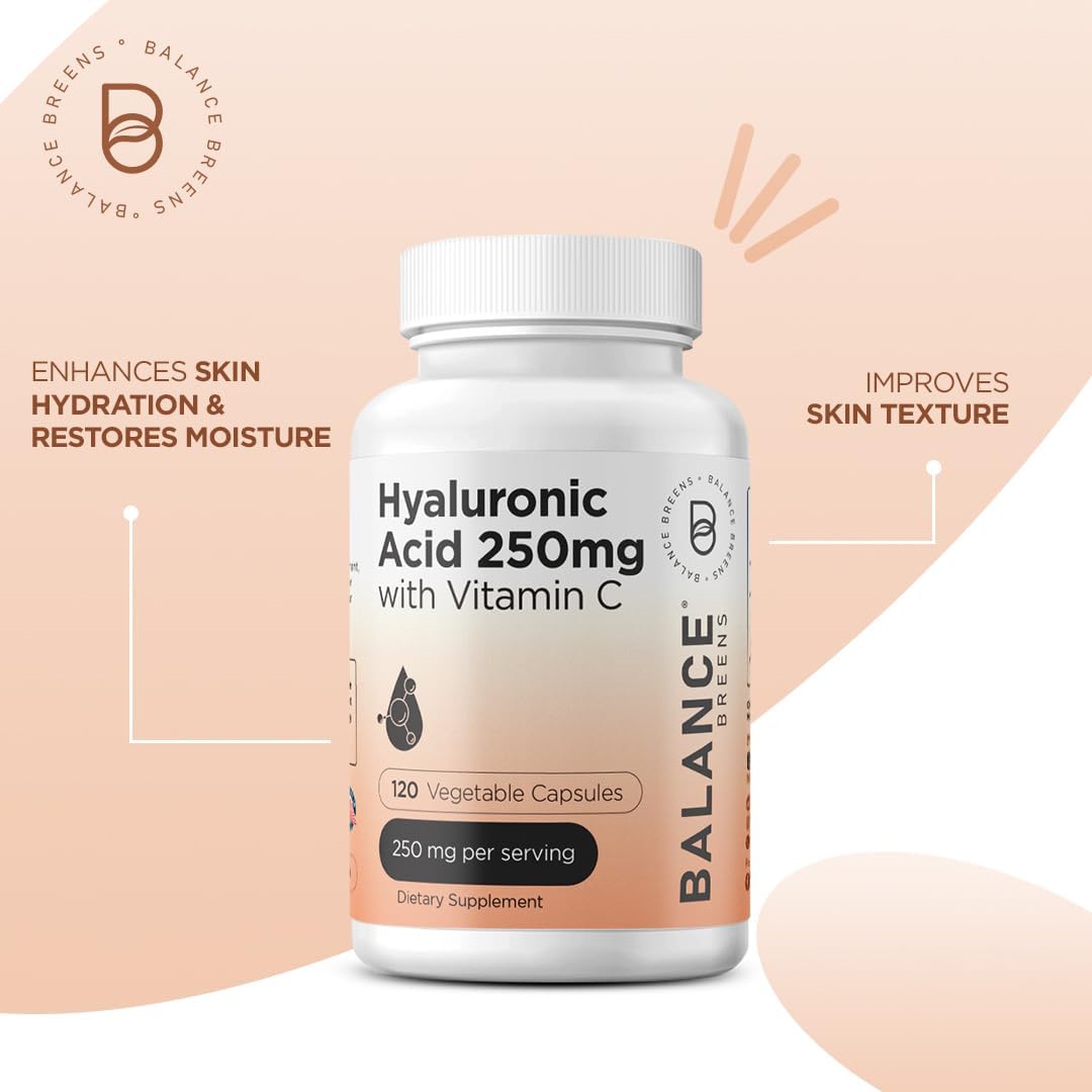 Balancedreen Hyaluronic Acid & Vitamin C Supplement - 120 Vegan Capsules for Skin, Hair, Nails, Bones & Joints