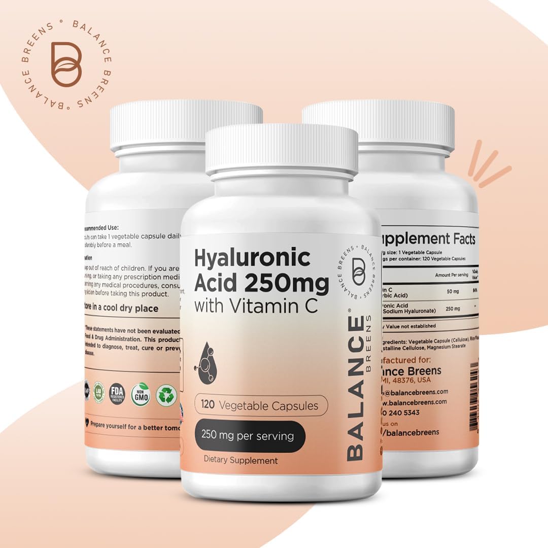Balancedreen Hyaluronic Acid & Vitamin C Supplement - 120 Vegan Capsules for Skin, Hair, Nails, Bones & Joints