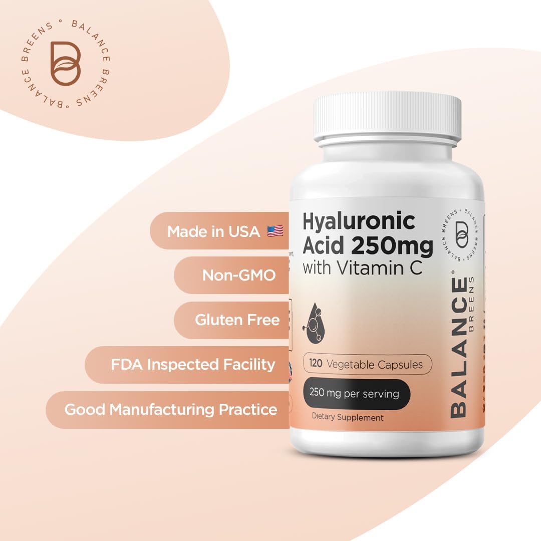 Balancedreen Hyaluronic Acid & Vitamin C Supplement - 120 Vegan Capsules for Skin, Hair, Nails, Bones & Joints