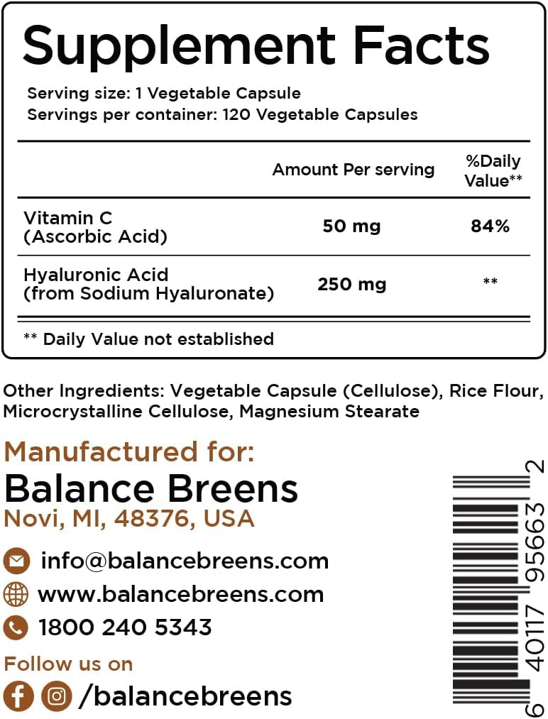Balancedreen Hyaluronic Acid & Vitamin C Supplement - 120 Vegan Capsules for Skin, Hair, Nails, Bones & Joints