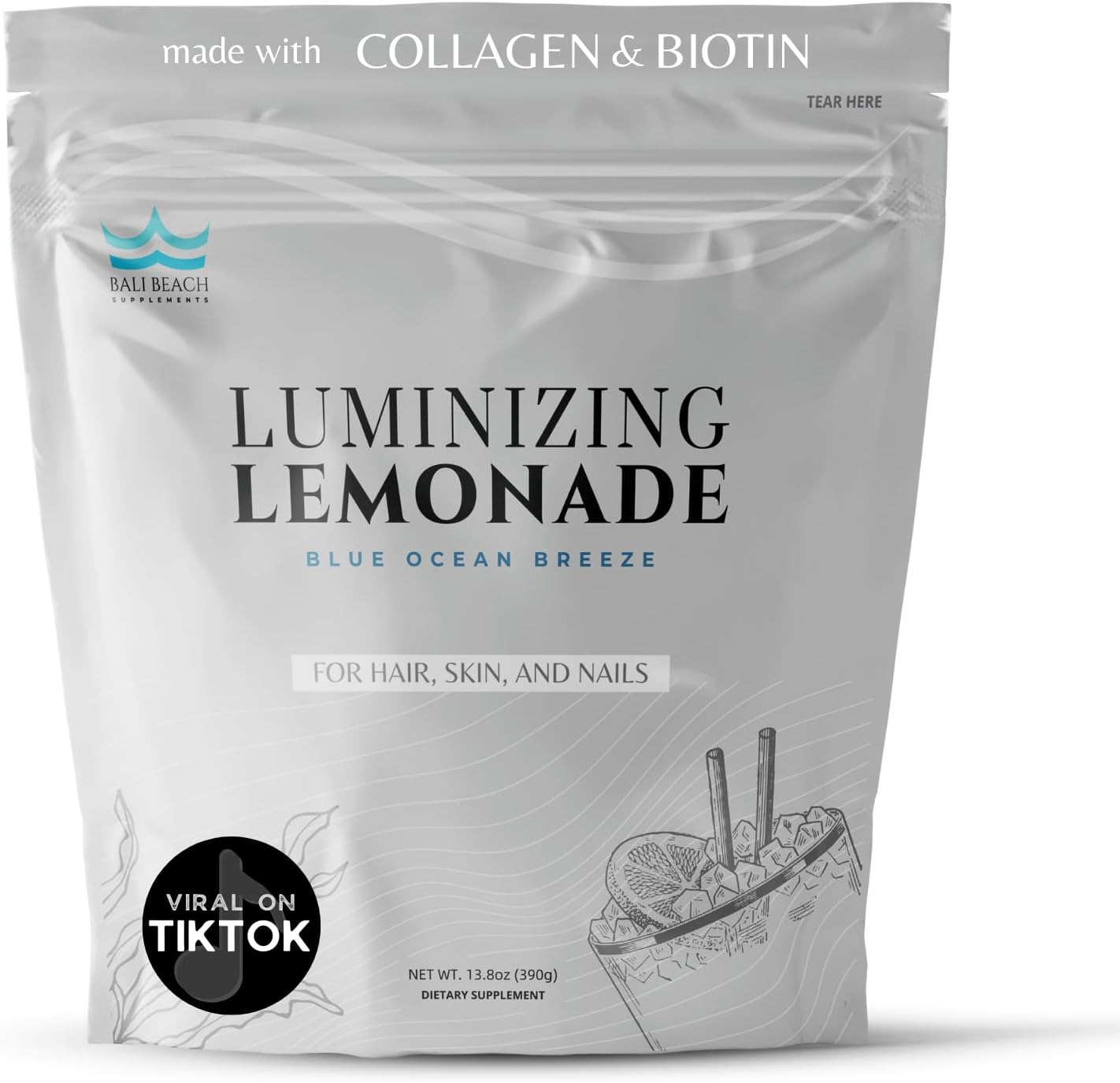 Bali Beach Luminizing Lemonade Beauty Drink Powder with Collagen, Biotin, Blue Spirulina - Promotes Healthy Hair, Skin, and Nails