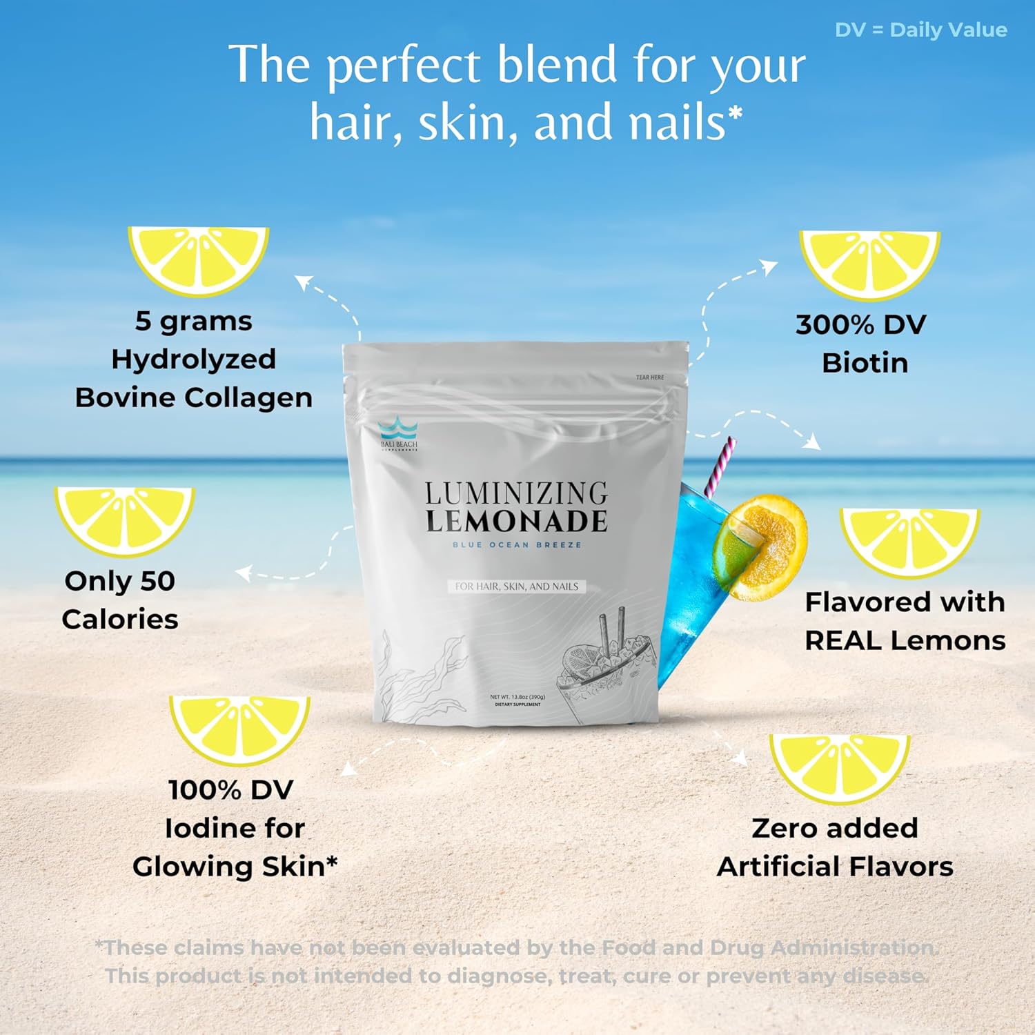 Bali Beach Luminizing Lemonade Beauty Drink Powder with Collagen, Biotin, Blue Spirulina - Promotes Healthy Hair, Skin, and Nails