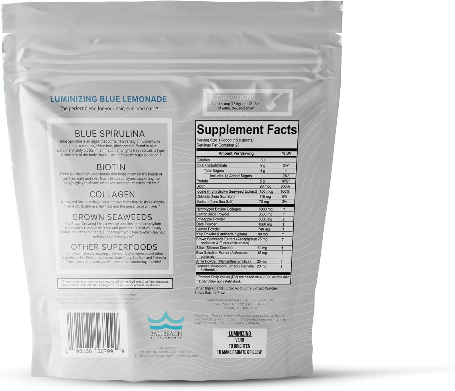 Bali Beach Luminizing Lemonade Beauty Drink Powder with Collagen, Biotin, Blue Spirulina - Promotes Healthy Hair, Skin, and Nails