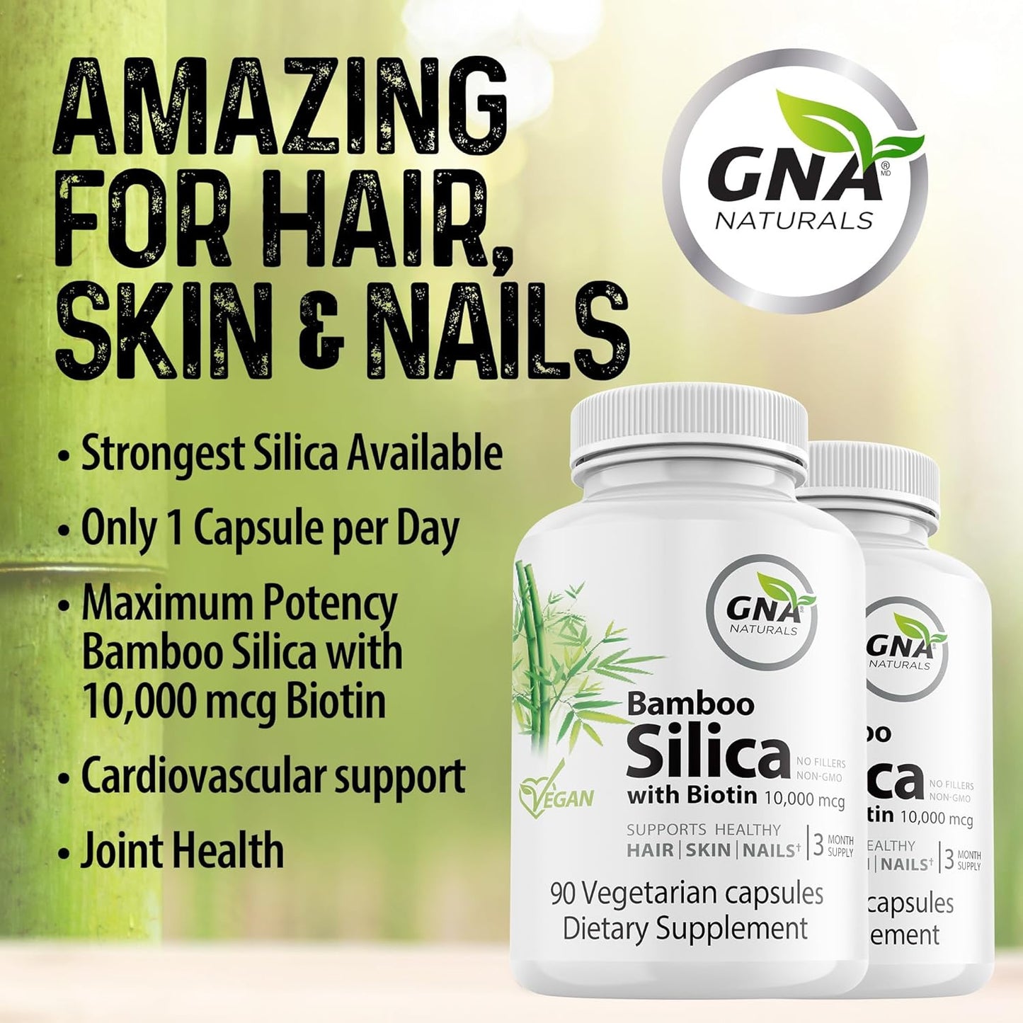 Bamboo Silica and Biotin Supplement for Hair, Skin, & Nails - 90 V-Caps - Joint & Hair Health Support - 10000mcg Biotin