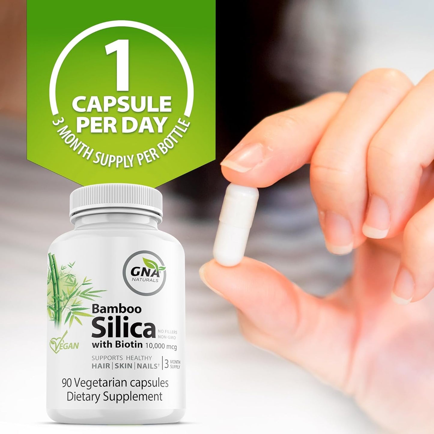 Bamboo Silica and Biotin Supplement for Hair, Skin, & Nails - 90 V-Caps - Joint & Hair Health Support - 10000mcg Biotin