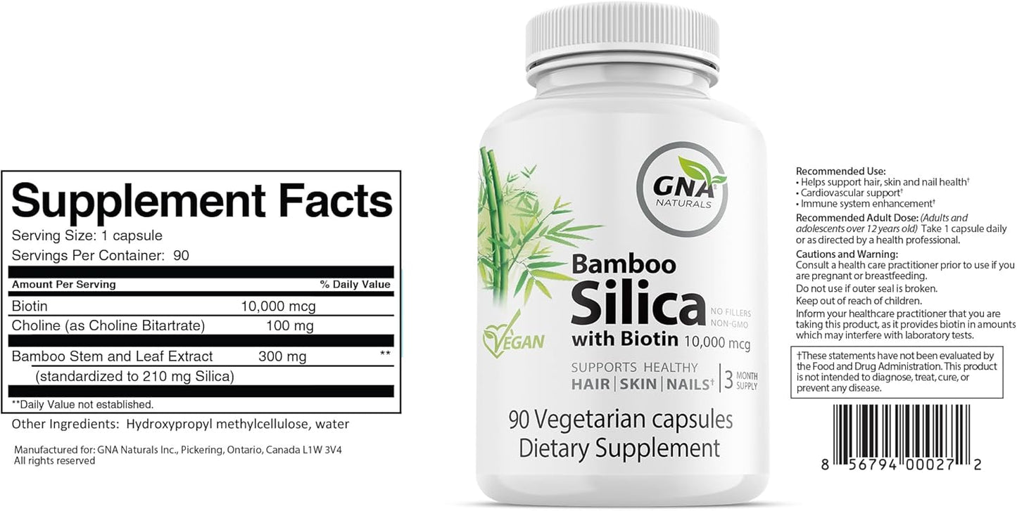 Bamboo Silica and Biotin Supplement for Hair, Skin, & Nails - 90 V-Caps - Joint & Hair Health Support - 10000mcg Biotin