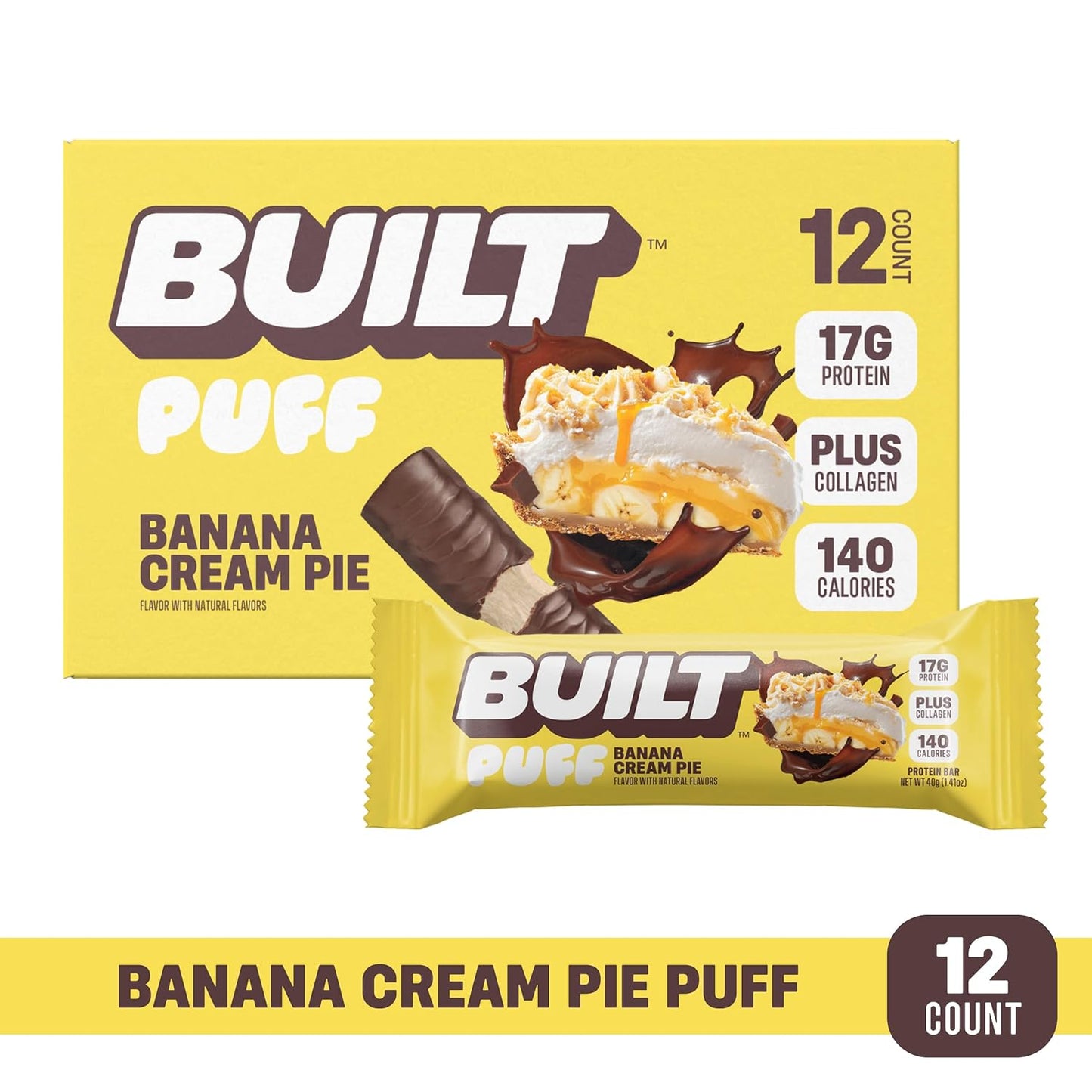 Banana Cream Pie Puff Protein Bars - 12 Bars, 17g Protein, Gluten Free & Low Sugar Built Bar Snacks