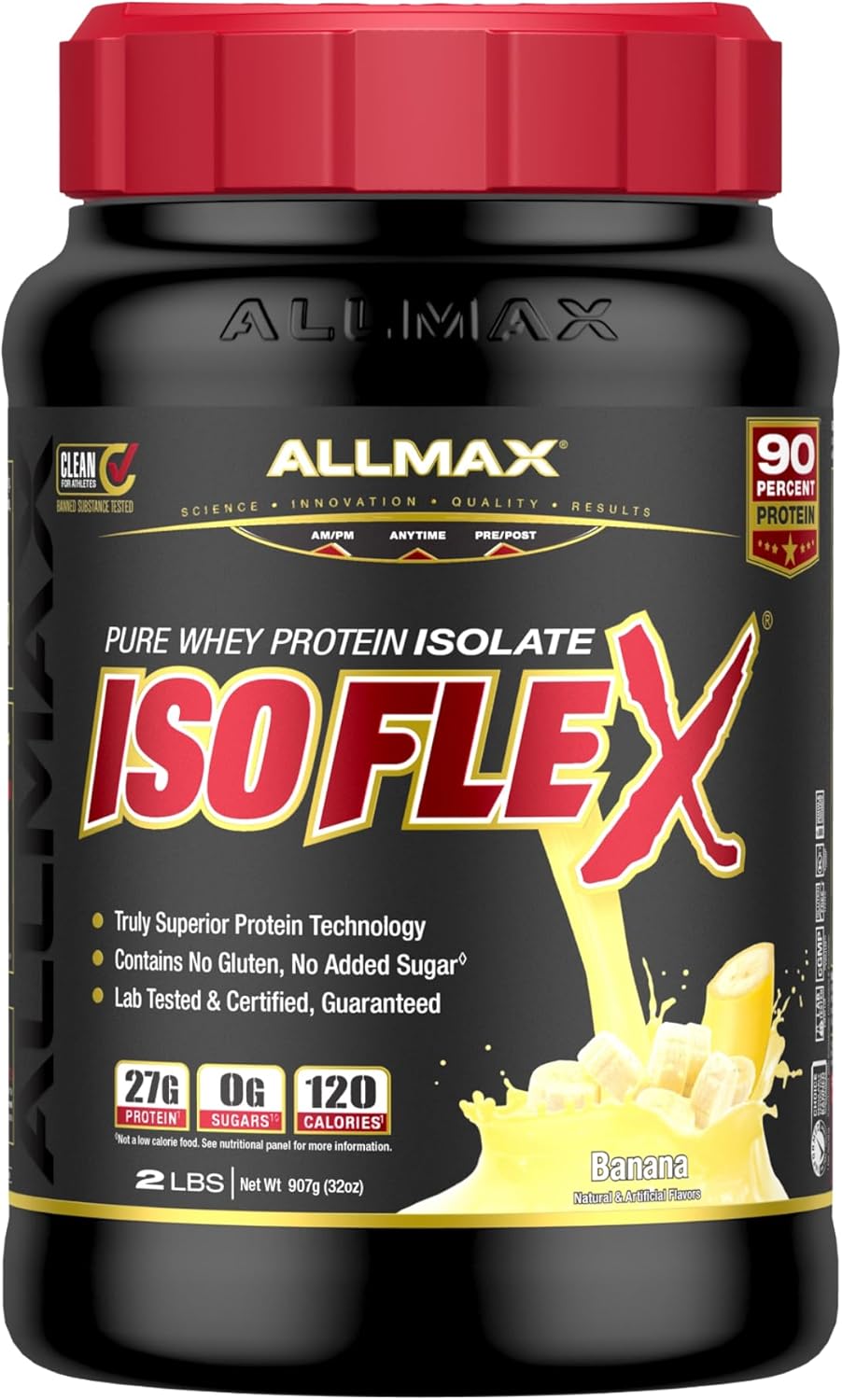 Banana Flavored ALLMAX Nutrition ISOFLEX Whey Protein Isolate - 2 lb Tub - 27g Protein Per Scoop - Zero Fat & Sugar - 99% Lactose Free - Gluten & Soy Free - 30 Servings