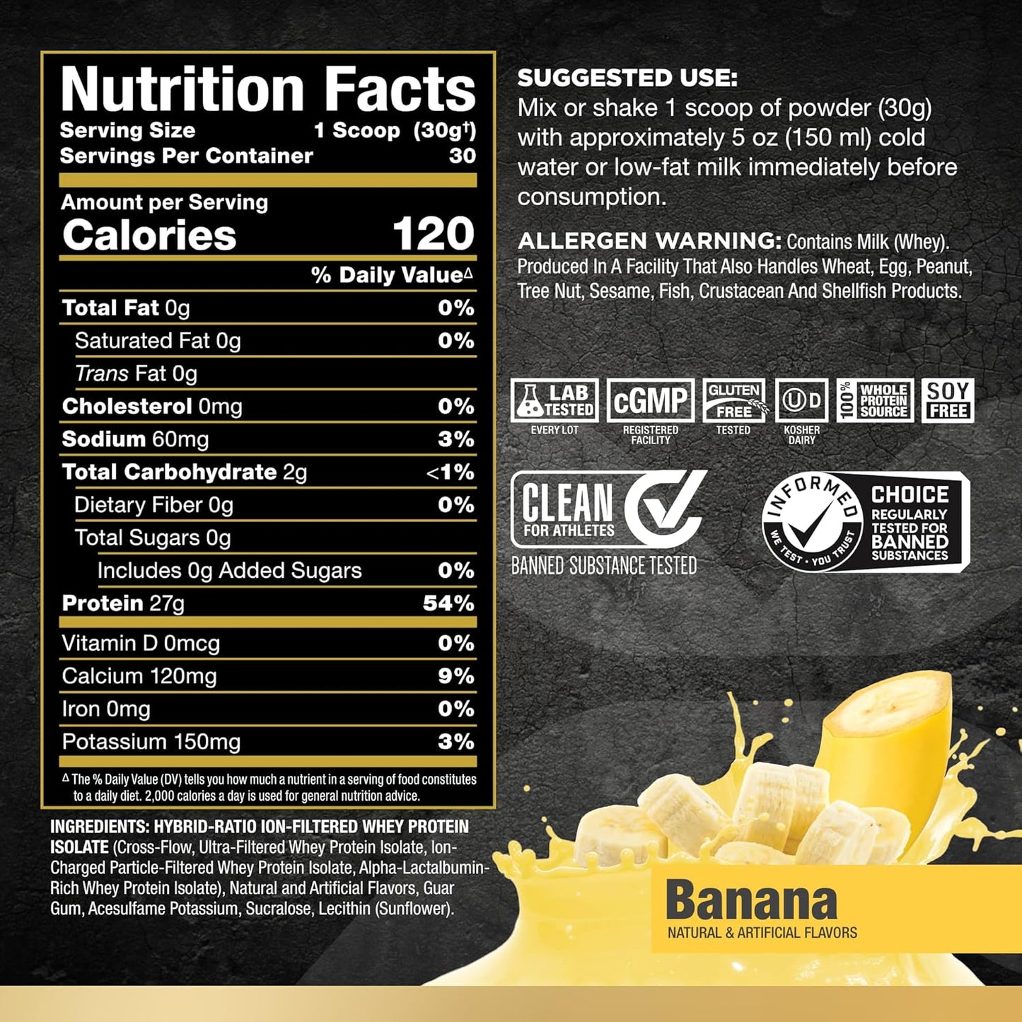 Banana Flavored ALLMAX Nutrition ISOFLEX Whey Protein Isolate - 2 lb Tub - 27g Protein Per Scoop - Zero Fat & Sugar - 99% Lactose Free - Gluten & Soy Free - 30 Servings