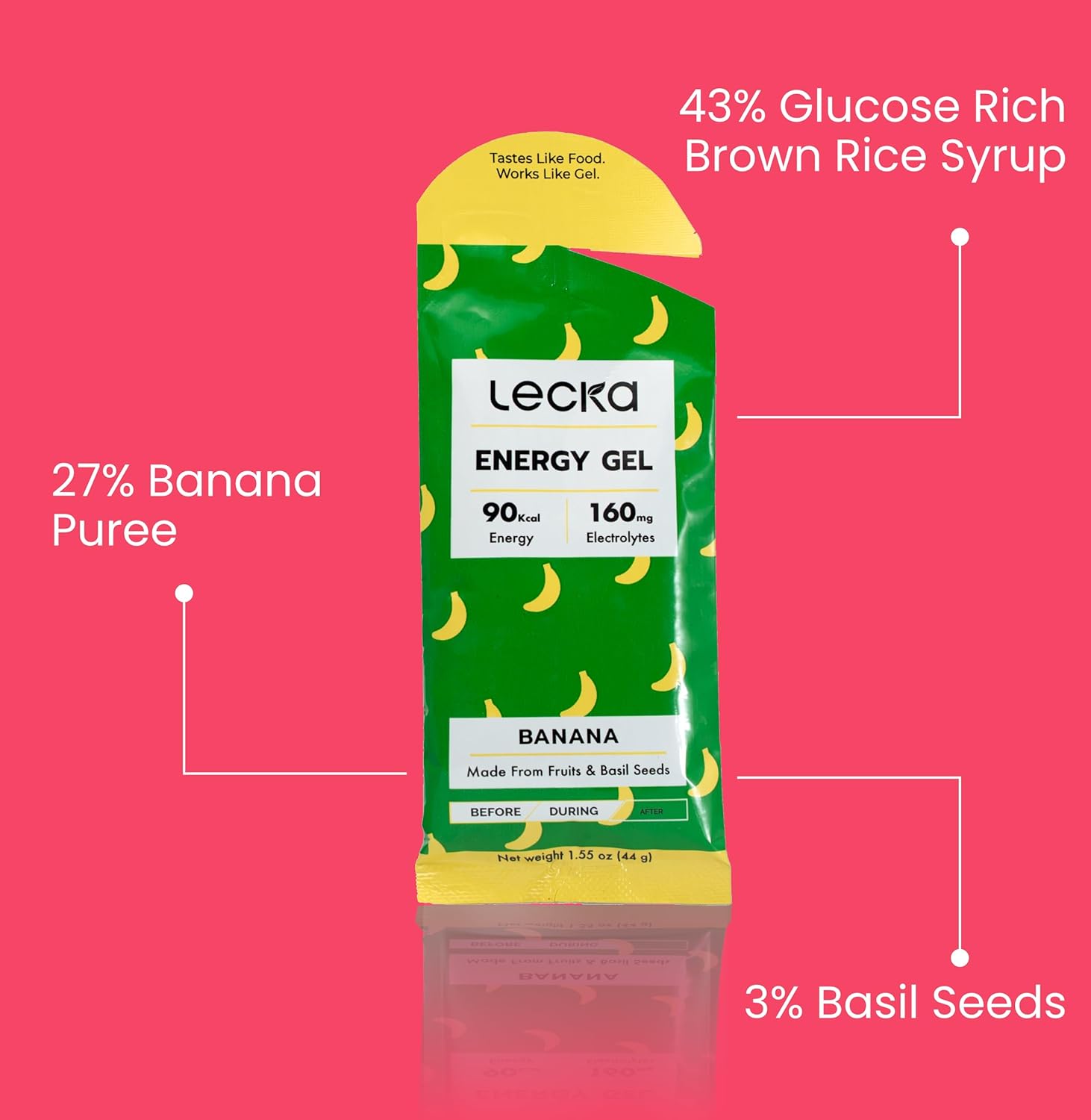 Banana Lecka Energy Gel - Pack of 12 | Natural Energy and Electrolytes for Endurance Exercise with Real Fruits and Basil Seeds
